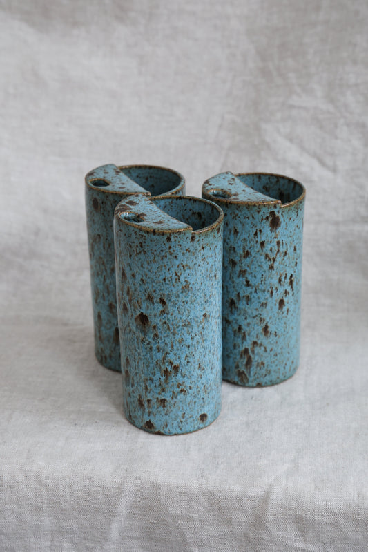 Blue Feathers Speckled To Go Cup, Travel Mug, Travel Tumbler, Mustache Saver, Ceramic Stoneware, Hand Thrown in Maine Holds 14-16oz.