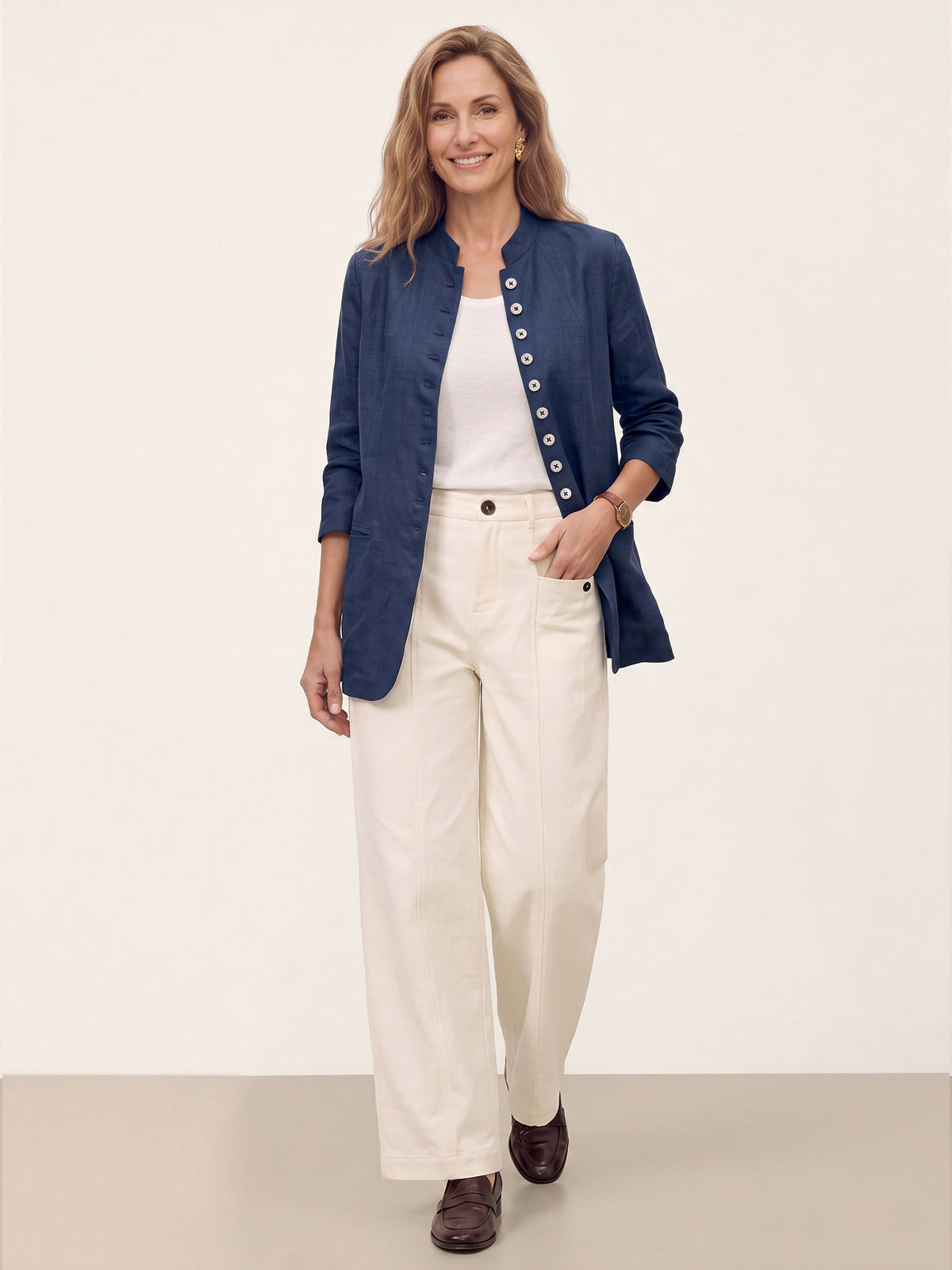 100% Linen Stand Collar Princess Seam Jacket ALIDA