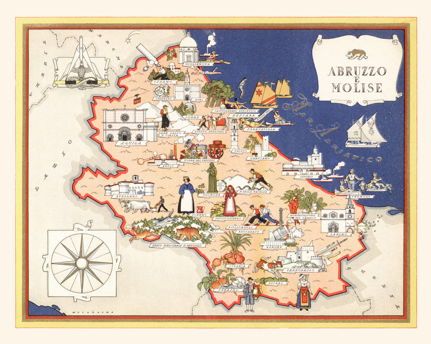 Vintage Map of Abruzzi e Molise Italy, 1938