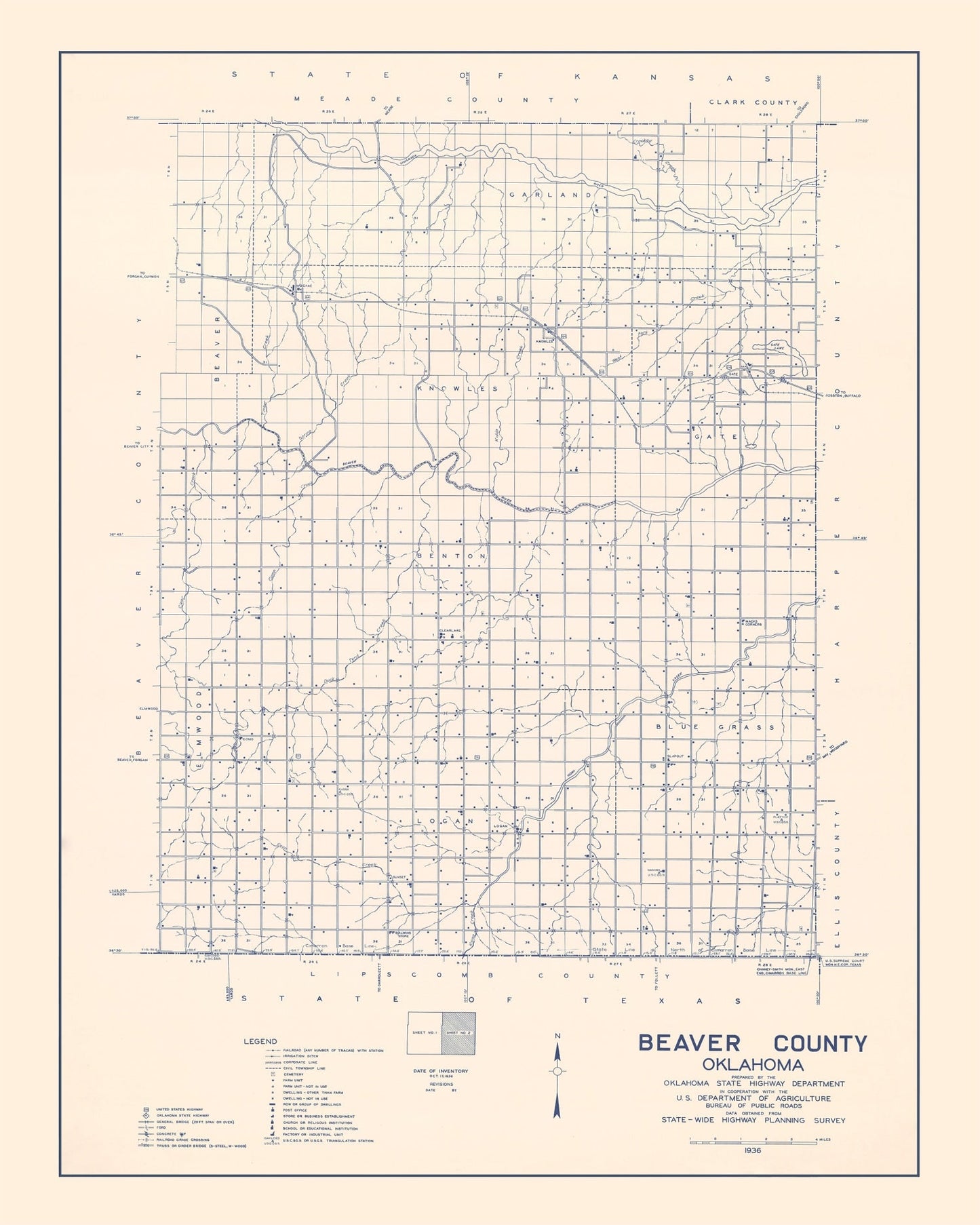 Vintage Map of Beaver County, Oklahoma 1936
