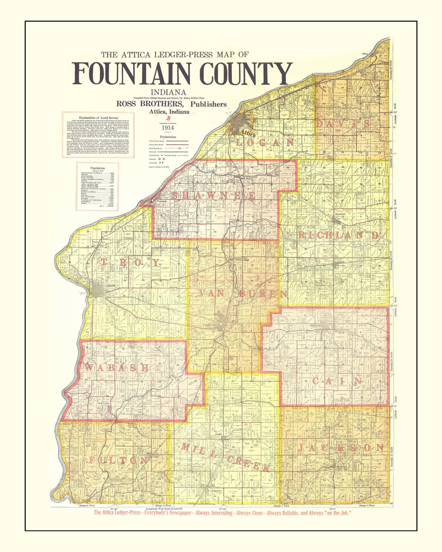 Vintage Map of Attica County, Indiana 1914