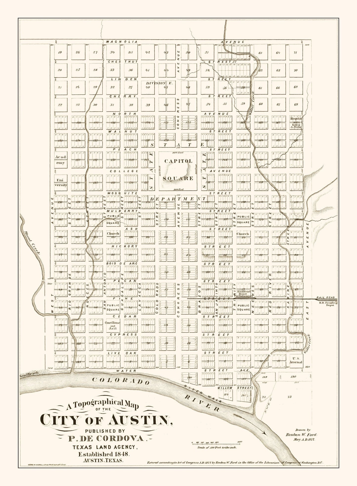 Vintage Map of Austin, Texas 1872