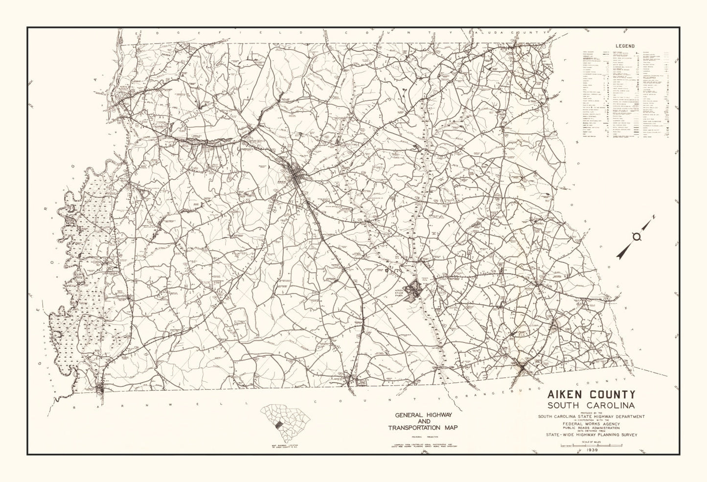 Vintage Map of Aiken County, South Carolina 1939