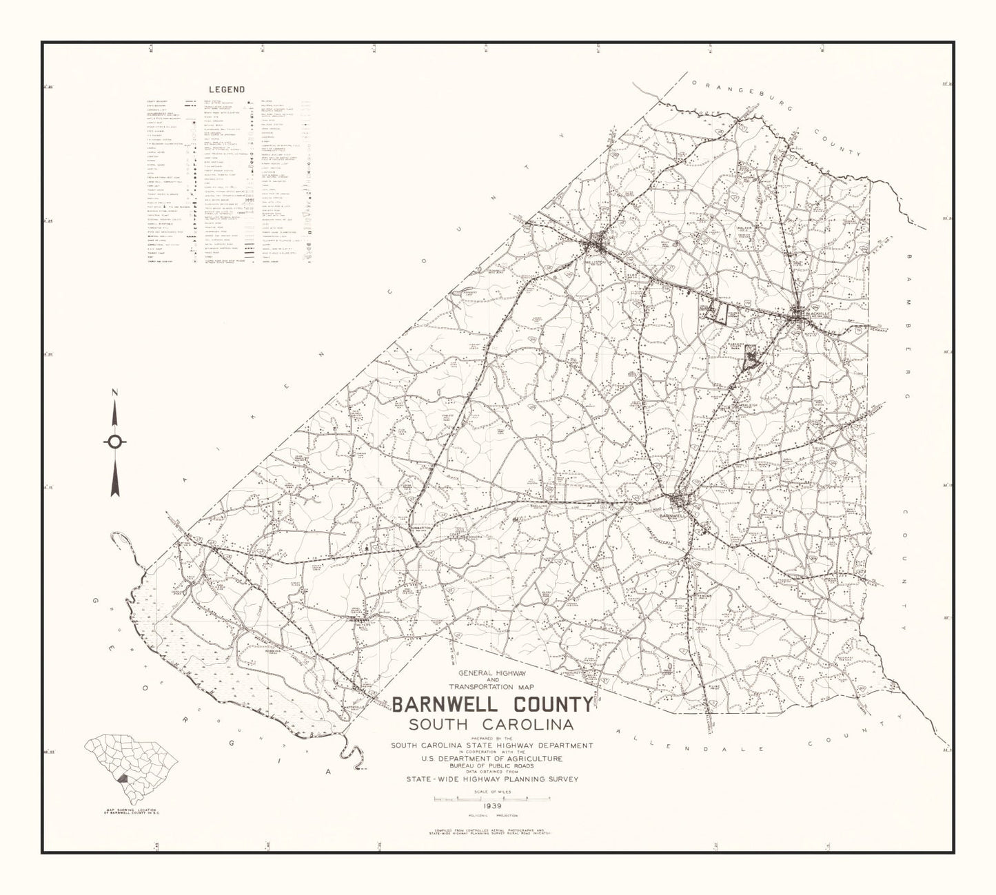 Vintage Map of Barnwell County, South Carolina 1939
