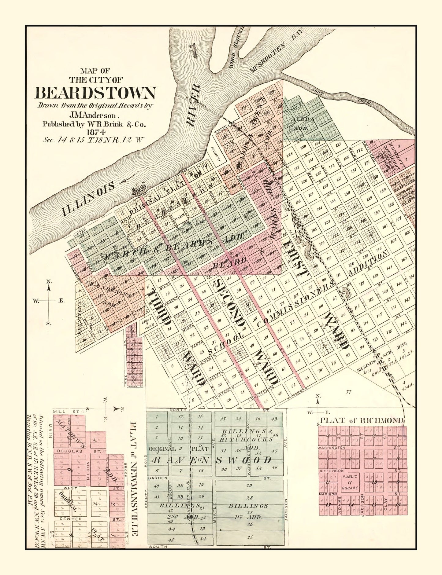 Vintage Map of Beardstown, Illinois 1874