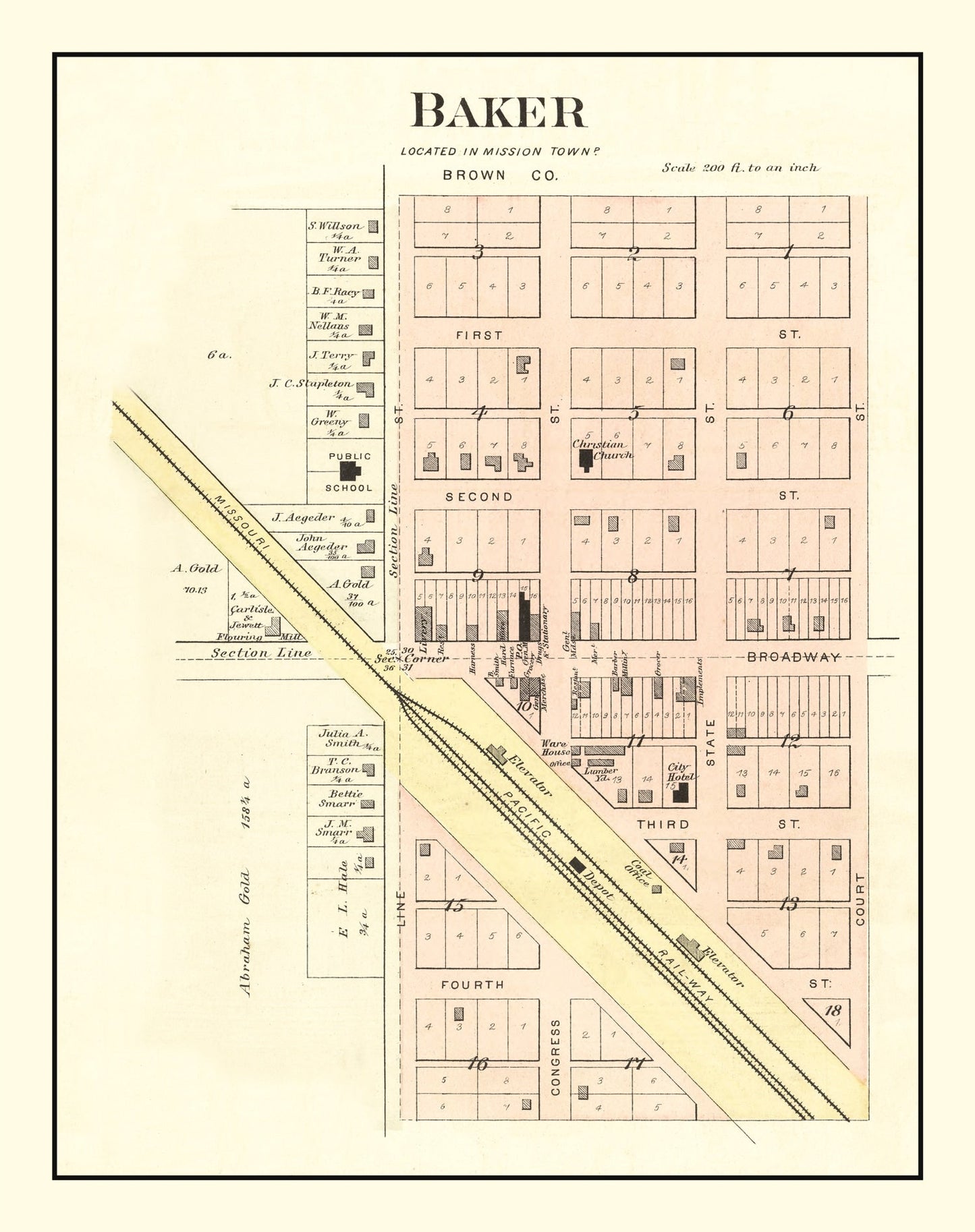 Vintage Map of Baker, Kansas 1887