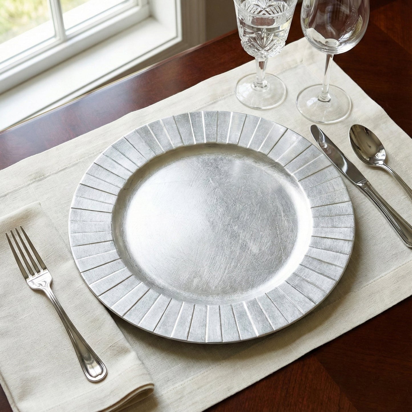 Silver Linear Charger Plate Set, 12 Pieces