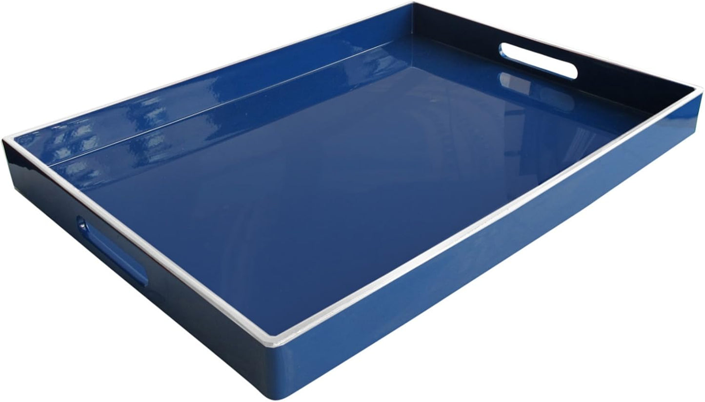 Blue with White Line Rectangular Tray with Handles - 19x14" Stylish Serving Tray