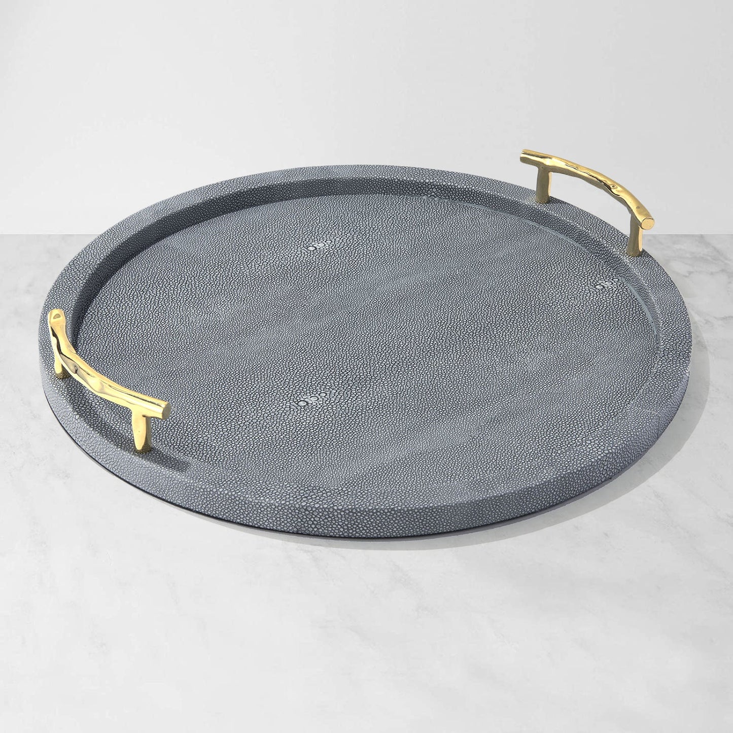 Gray Dotted Round Tray with Gold Handles for Stylish Serving