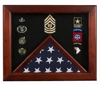 Military Flag medal display case, Mahogany wood for 3x5 flag, Available Medallions in Solid Brass