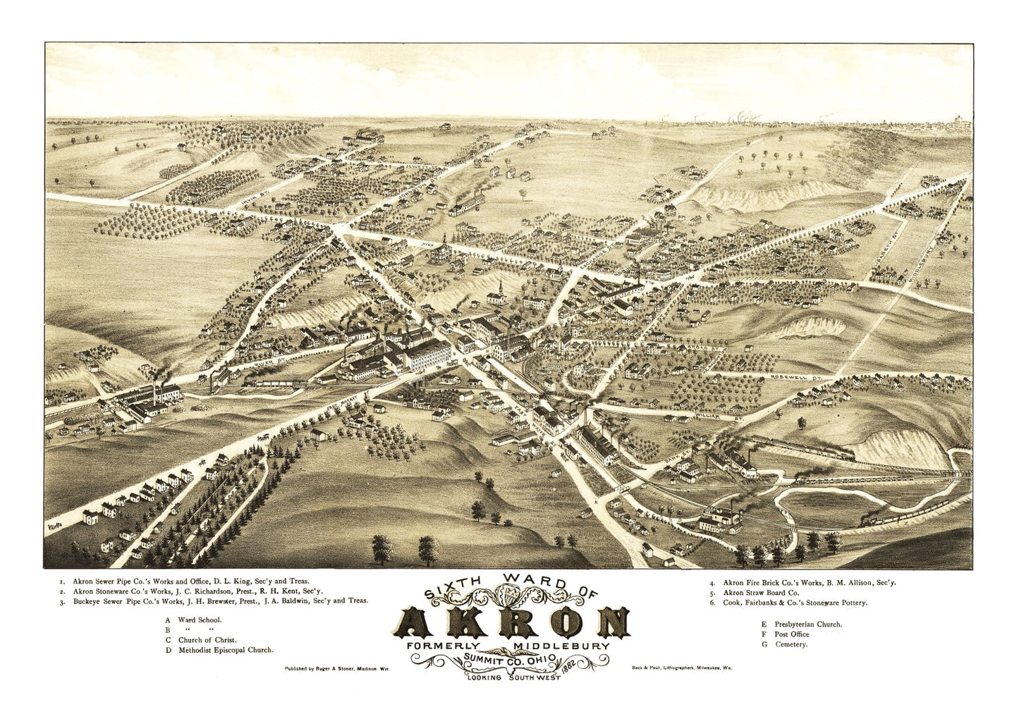 Vintage Map of Akron, Ohio 1882