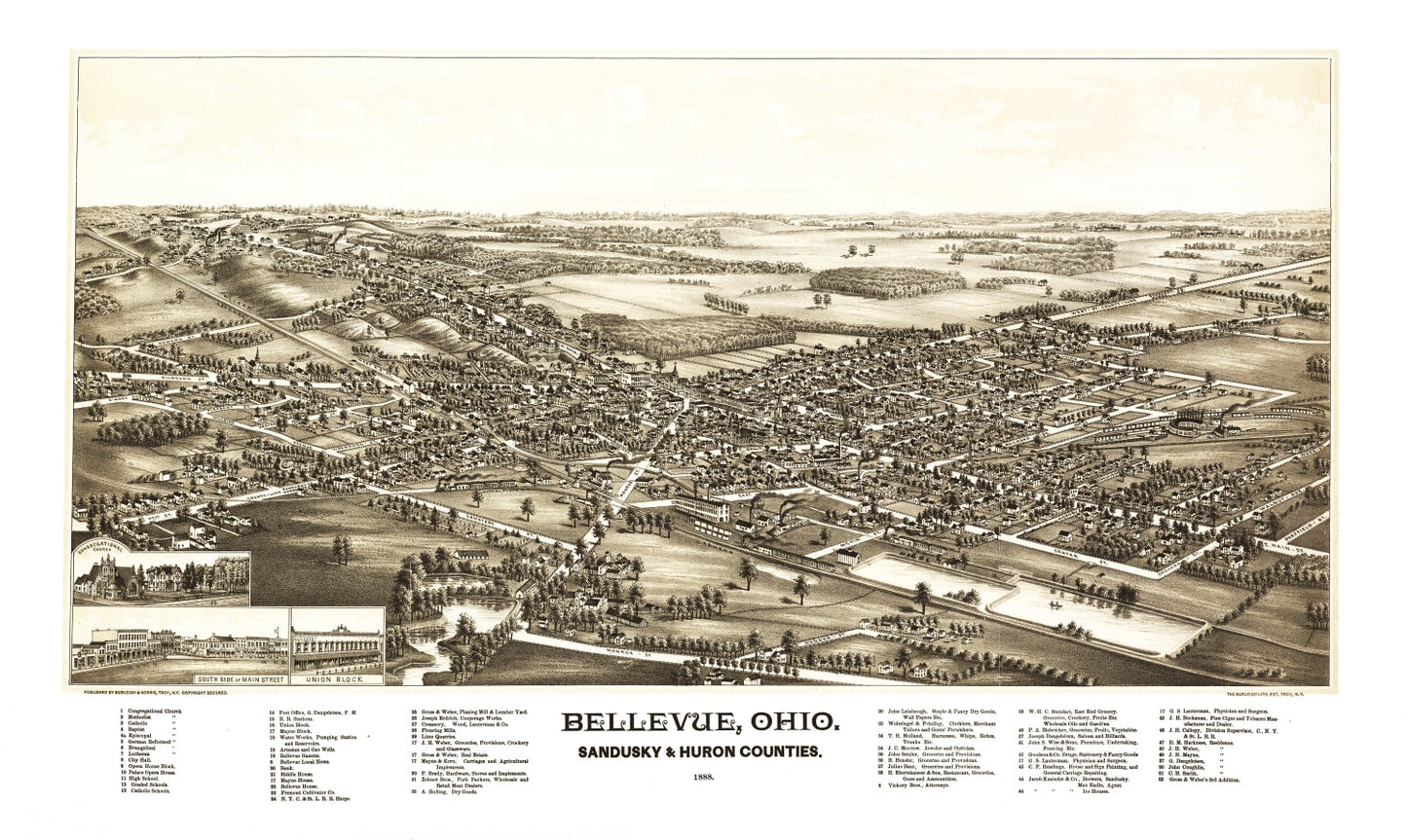 Vintage Map of Bellevue, Ohio 1880