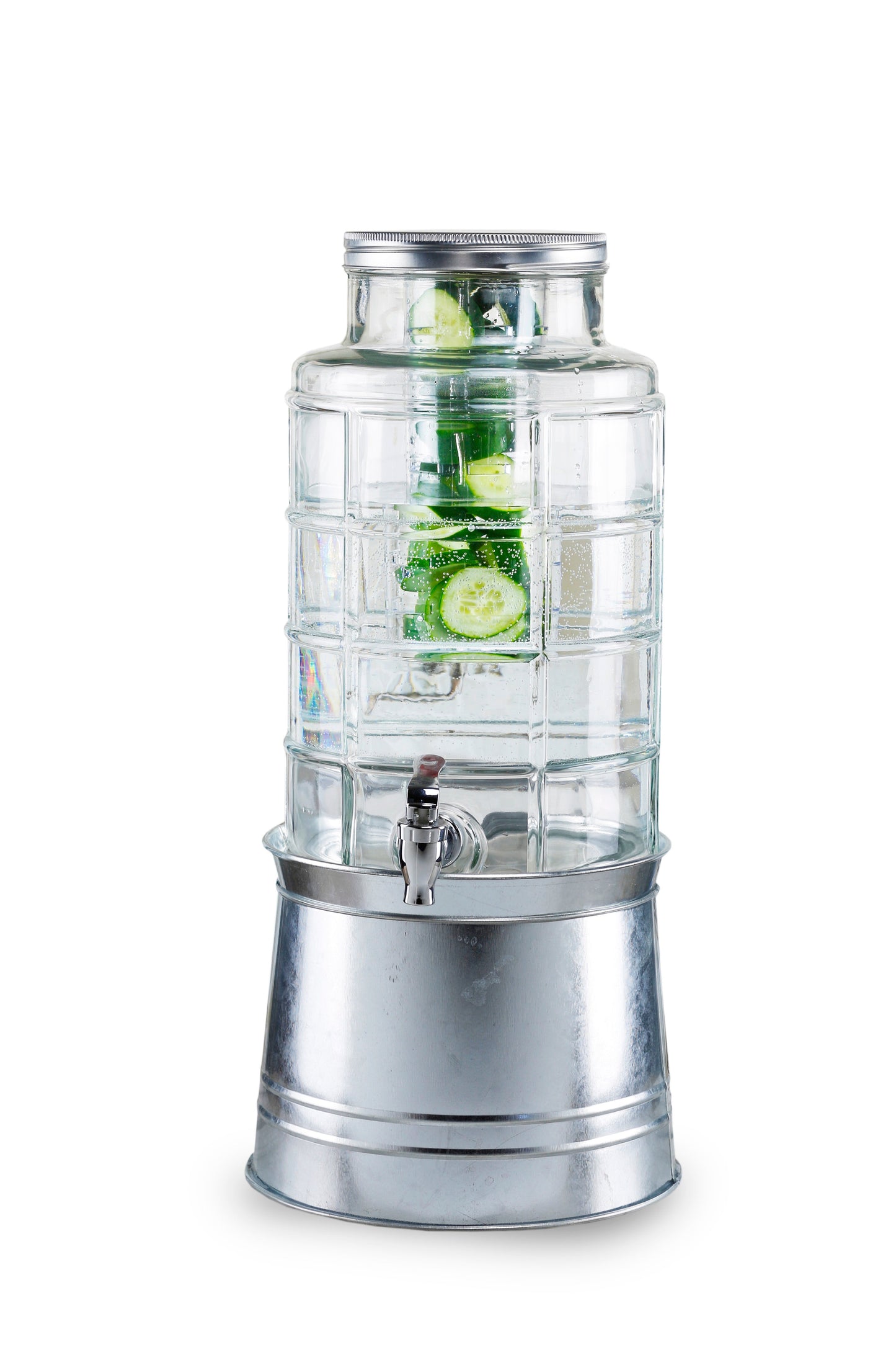 PATCHWORK BEVERAGE DISPENSER WITH ICE INSERT, FRUIT INFUSER, AND GALVANIZED BASE 2.4 GAL/ 9L DISPENSER