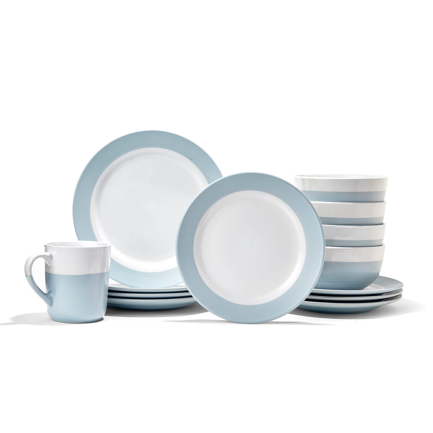SERENE LT BLUE 16 PC DINNERWARE SET: DP 10" SP 9", BOWL 6.5", MUG 26oz BOWL 38oz
