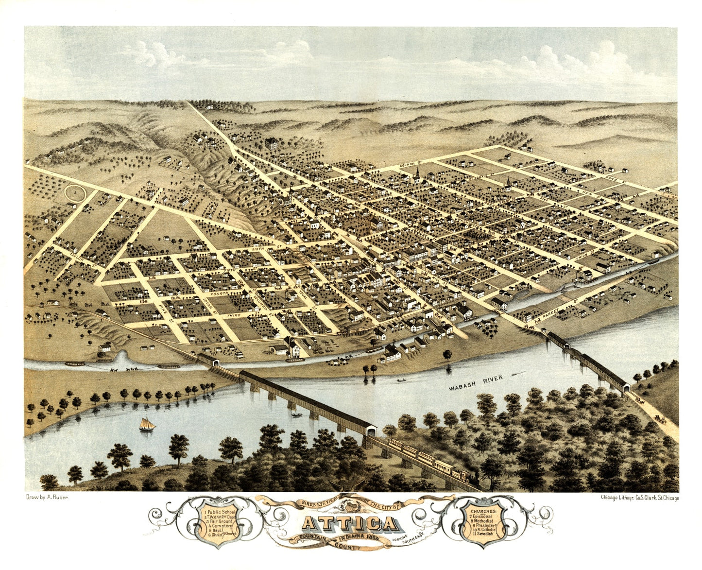 Vintage Map of Attica, Indiana 1869