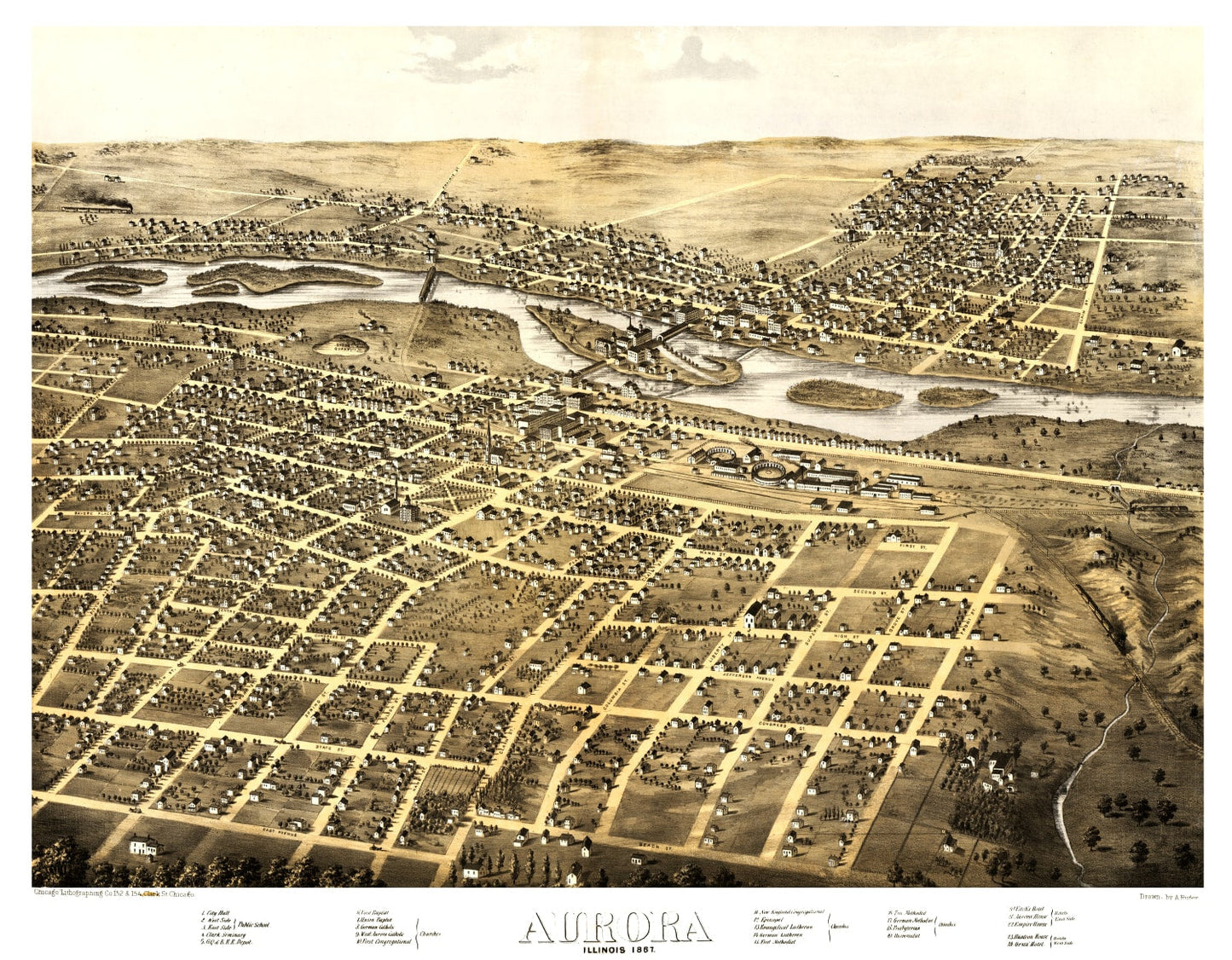 Vintage Map of Aurora, Illinois 1867