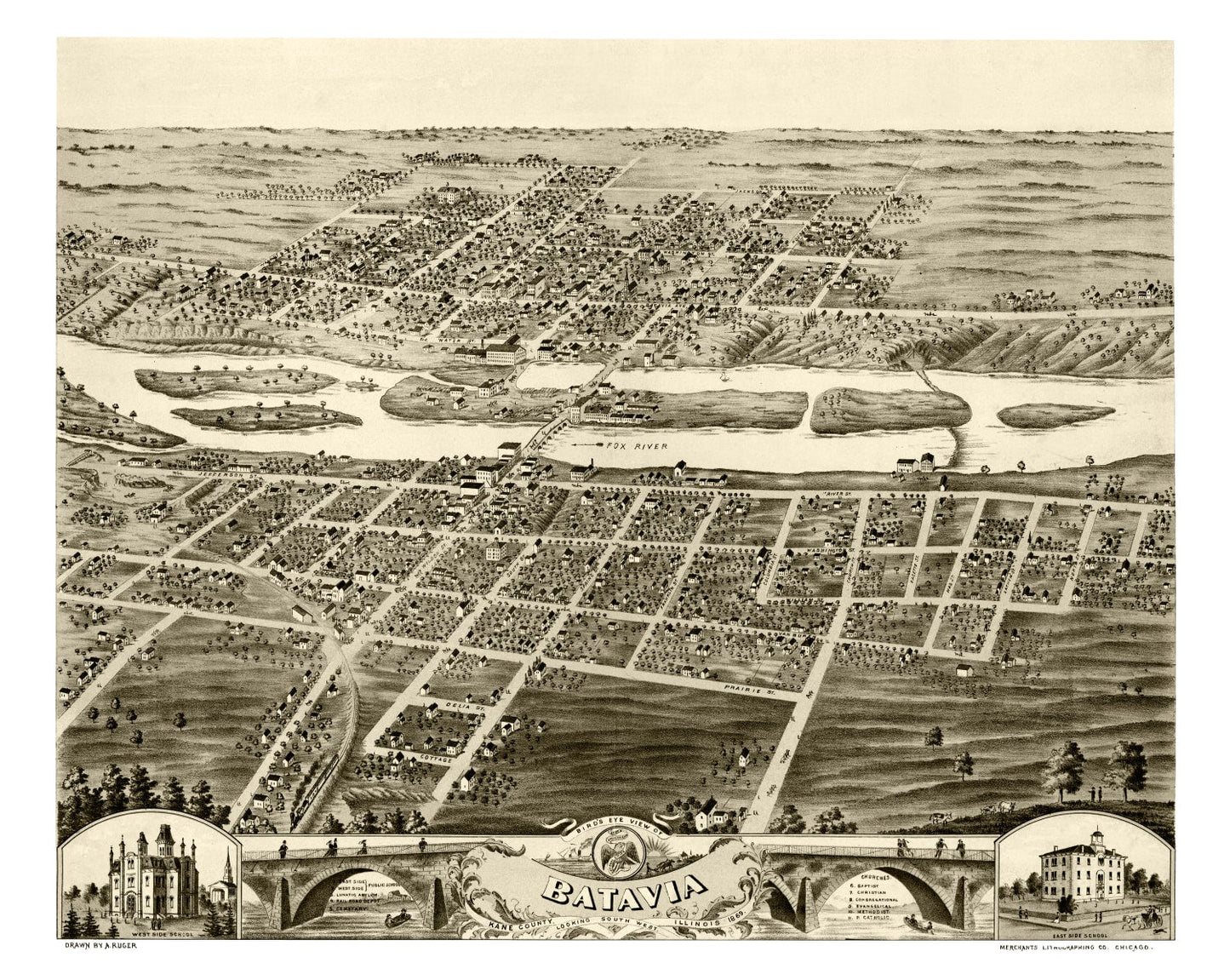 Vintage Map of Batavia, Illinois 1869