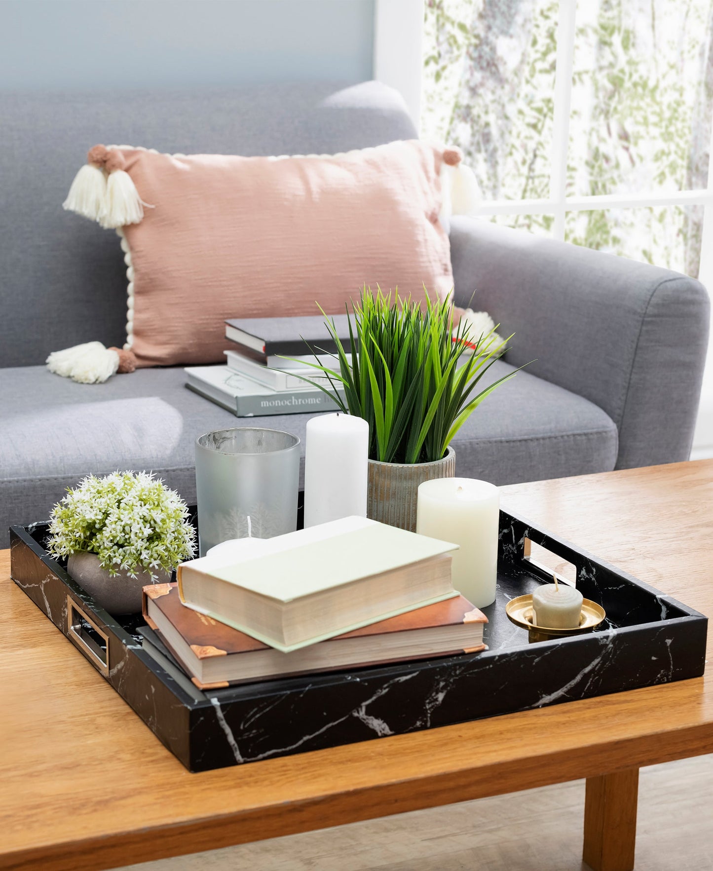Black Marble-Style Square Tray with Silver Handles for Elegant Use
