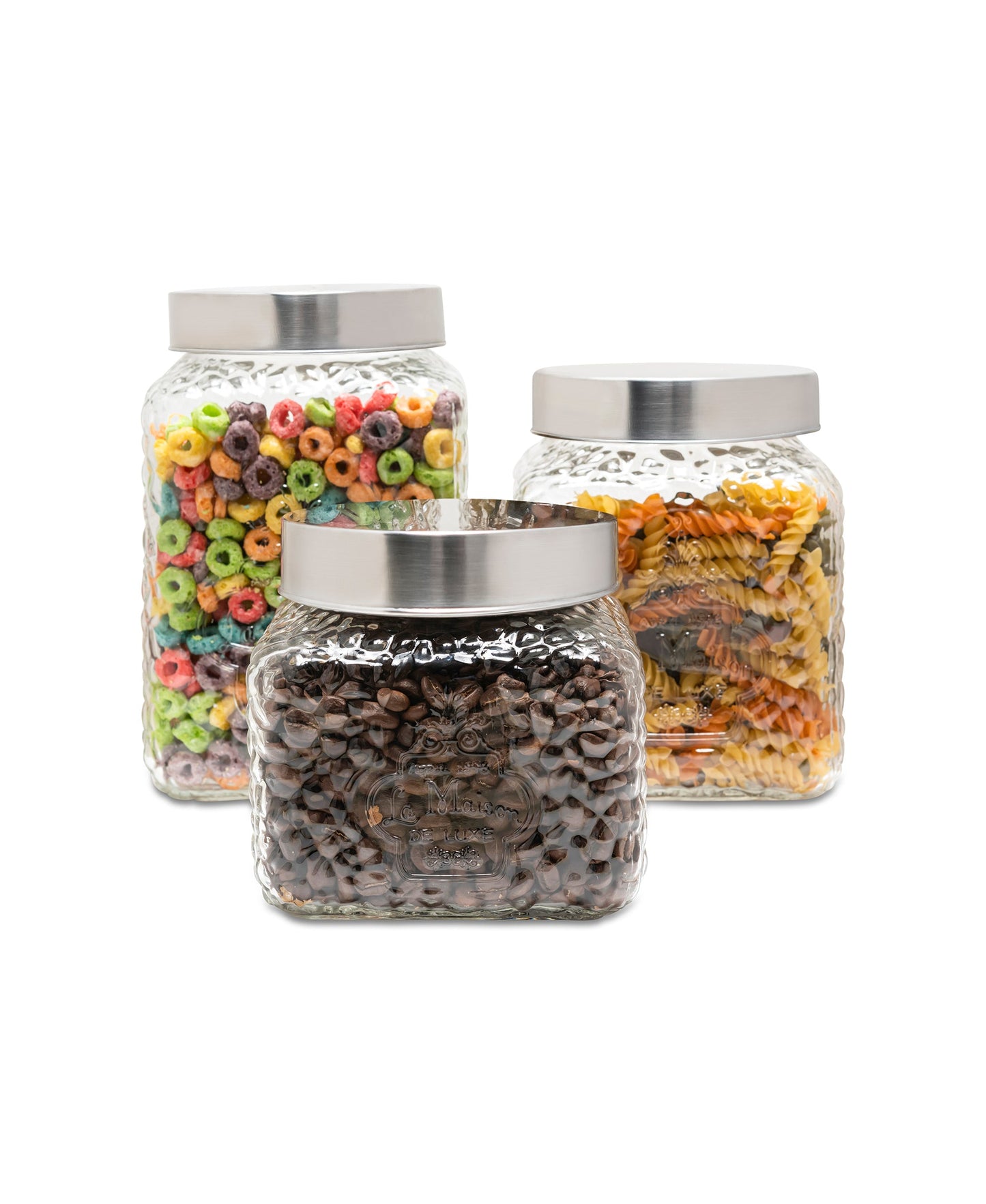 LA MAISON HAMMERED SQUARE 3PC CANISTER SET 75oz, 64oz, 43oz 5.08X5.08X7.87, 6.50, 4.92"H