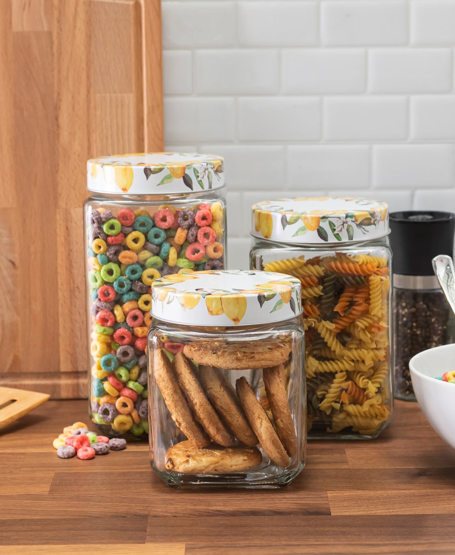 LEMON BRANCHES SET OF 3 SQUARE CLEAR GLASS JARS WITH PRINTED LIDS 74 OZ, 63 OZ, 45 OZ RB 4.33x4.33x8.66", 4.33x4.33x6.69", 4.33x4.33x5.11"