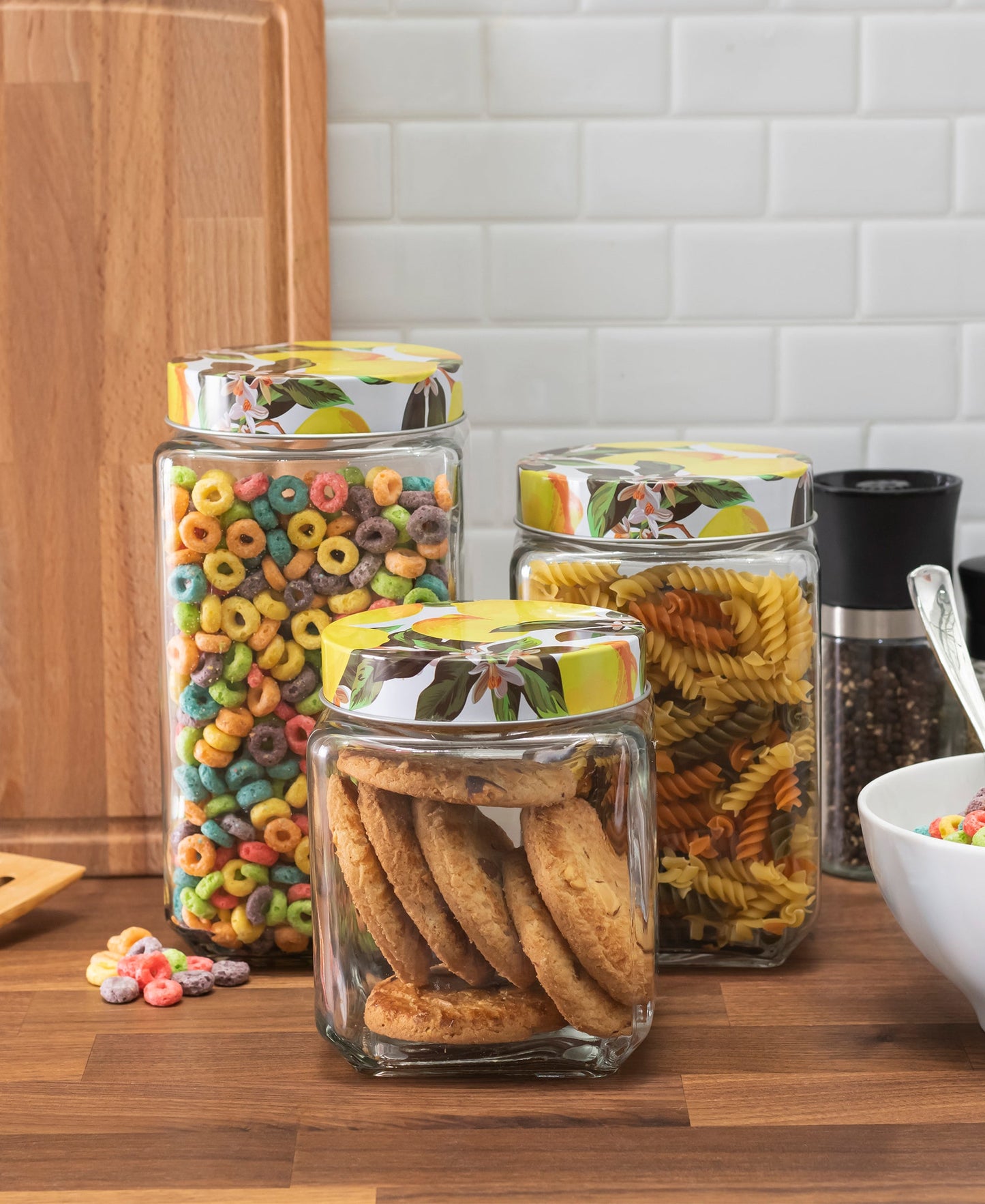 MEYER LEMONS SET OF 3 SQUARE CLEAR GLASS JARS WITH PRINTED LIDS 74 OZ, 63 OZ, 45 OZ RB 4.33x4.33x8.66", 4.33x4.33x6.69", 4.33x4.33x5.11"