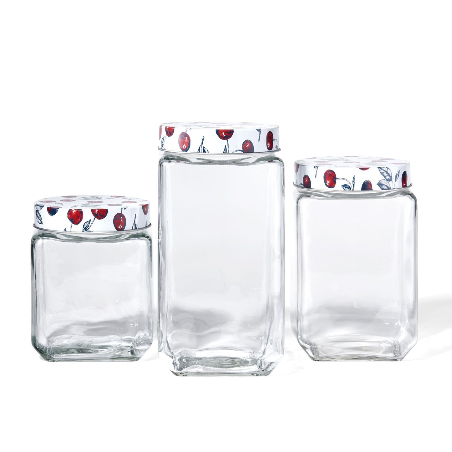 Cherries Galore Set Of 3 Square Clear Glass Jar