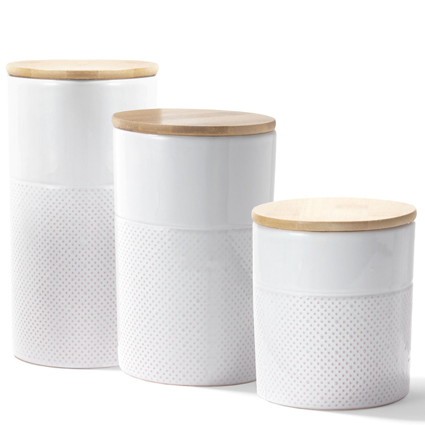 EMBOSSED DROPS SET OF 3 CANISTERS WITH BAMBOO LID, SM 4.25”Dx4.75”H, 26 oz; MD 6.5”H 35oz; LG 8.2”H 45oz