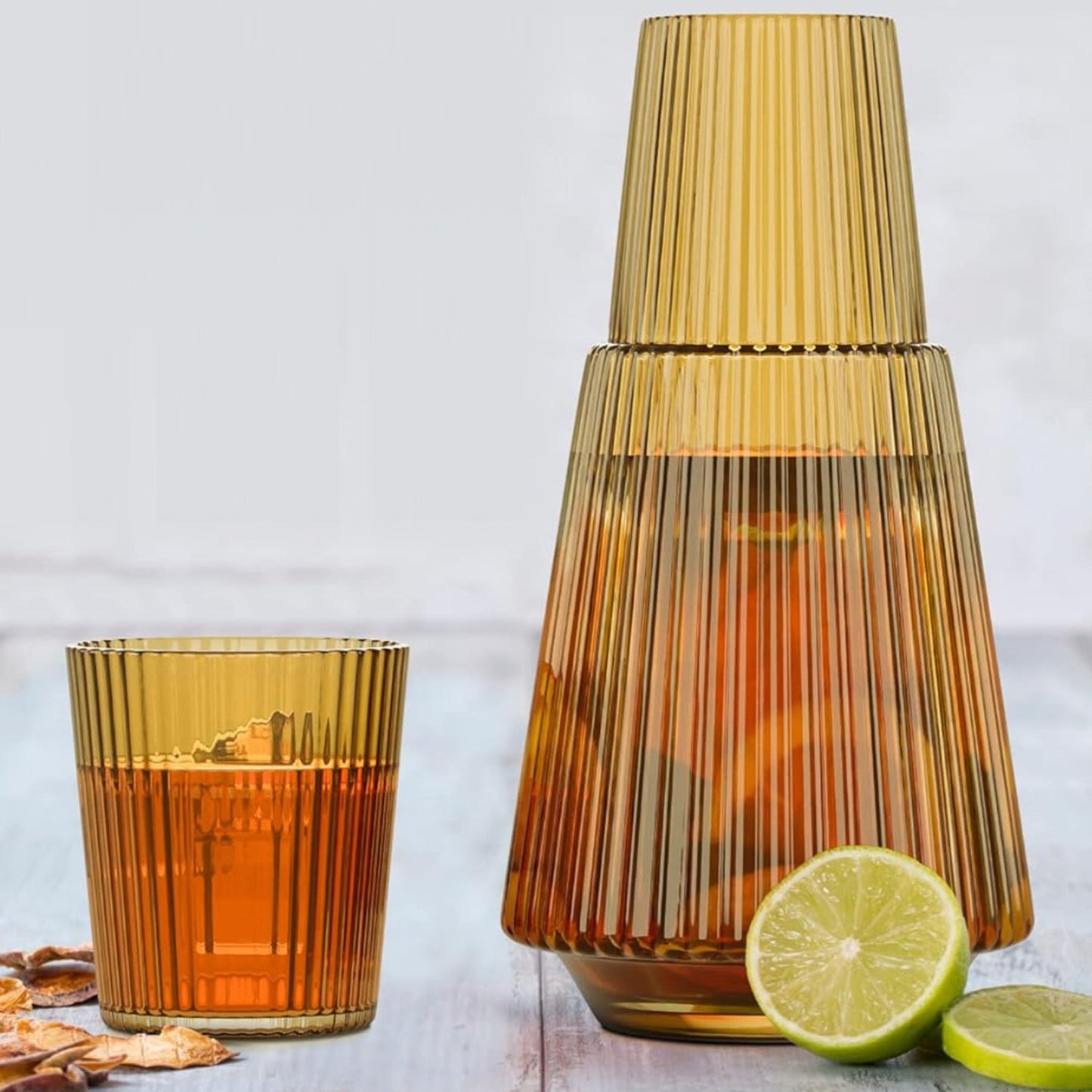 VINTAGE RIBBED AMBER 2 PC WATER CARAFE SET: BOTTLE 4.52"D x 8.66"H 1100 ml/37.19 oz, CUP 3.03"D x 3.34"H 220 ml/7.43 oz RB