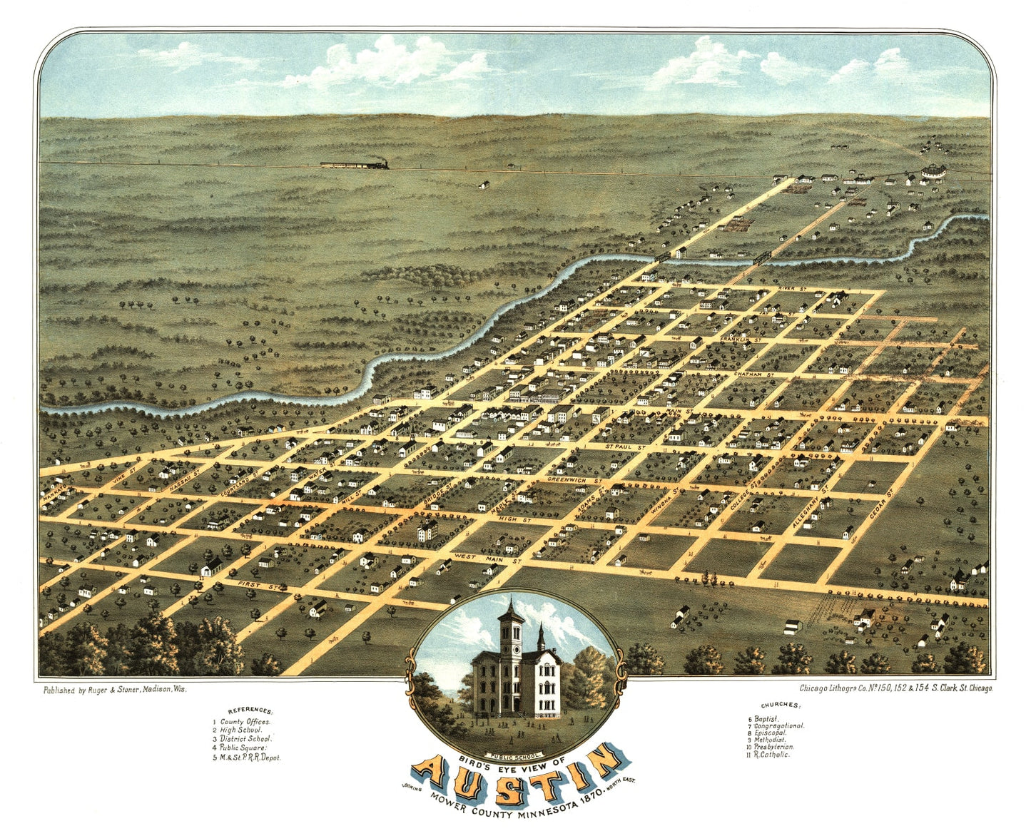 Vintage Map of Austin, Minnesota 1870