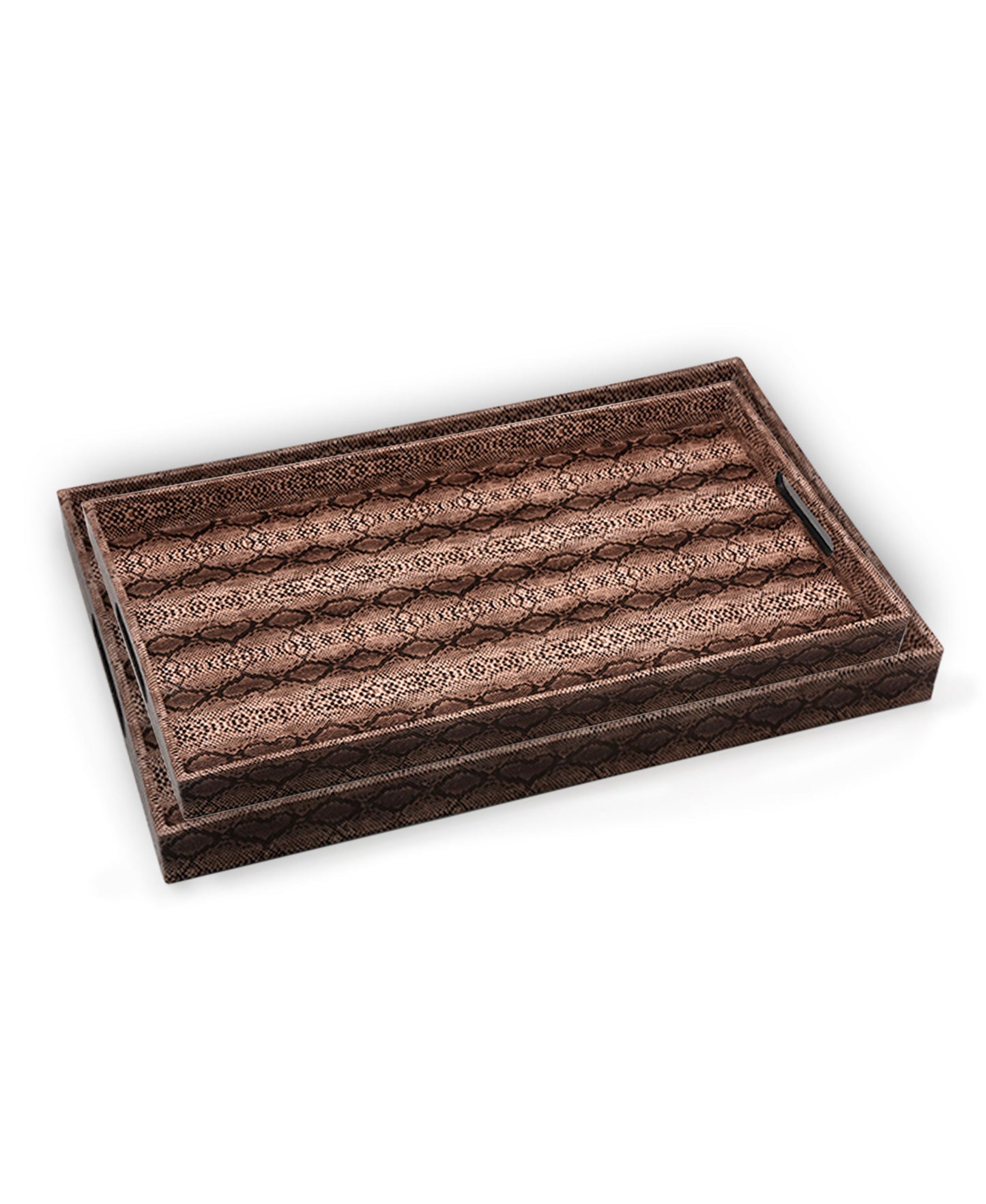 BROWN/BK SNAKE SET OF 2 LEATHER TRAYS medium 12X18" , large 14 X 19