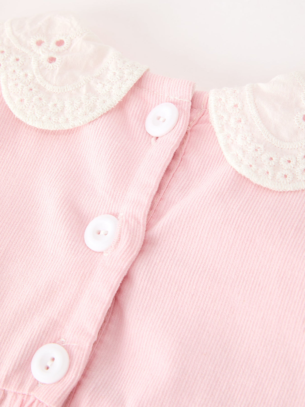 Fall Pink Smocked Baby Girl Corduroy Bubble Romper Peter Pan Collar Floral Detail