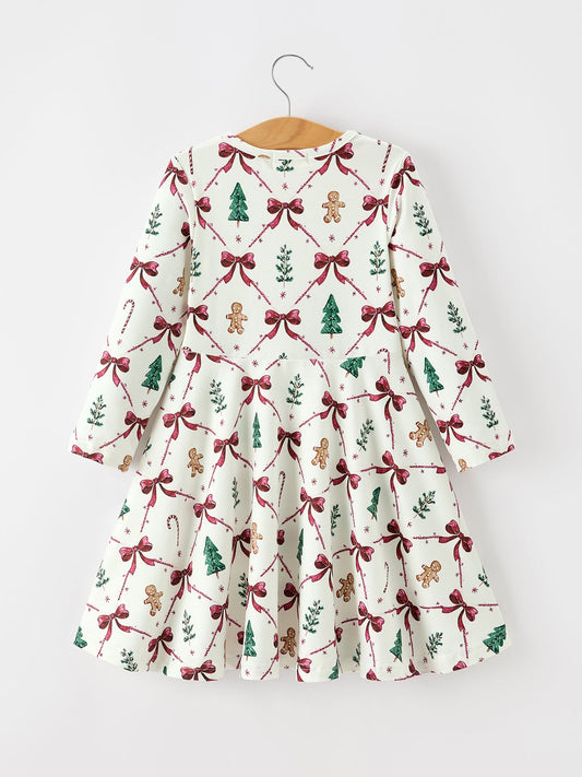 Christmas Bow and Gingerbread Print Girls Twirl Dress