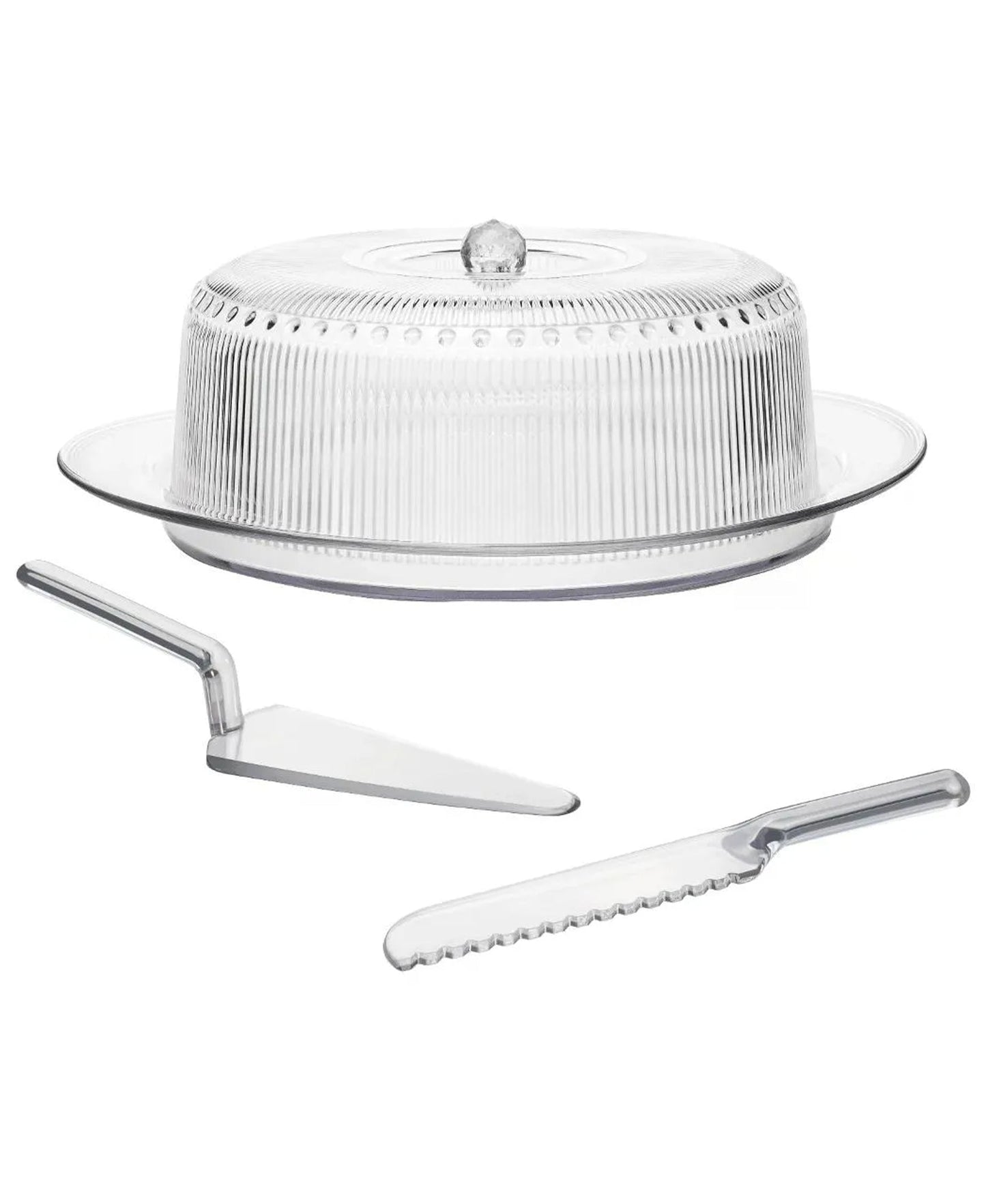 RIBBED CLEAR ACRYLIC 4 PC CAKE SET: PLATE, DOME, CAKE SERVER, CAKE KNIFE
