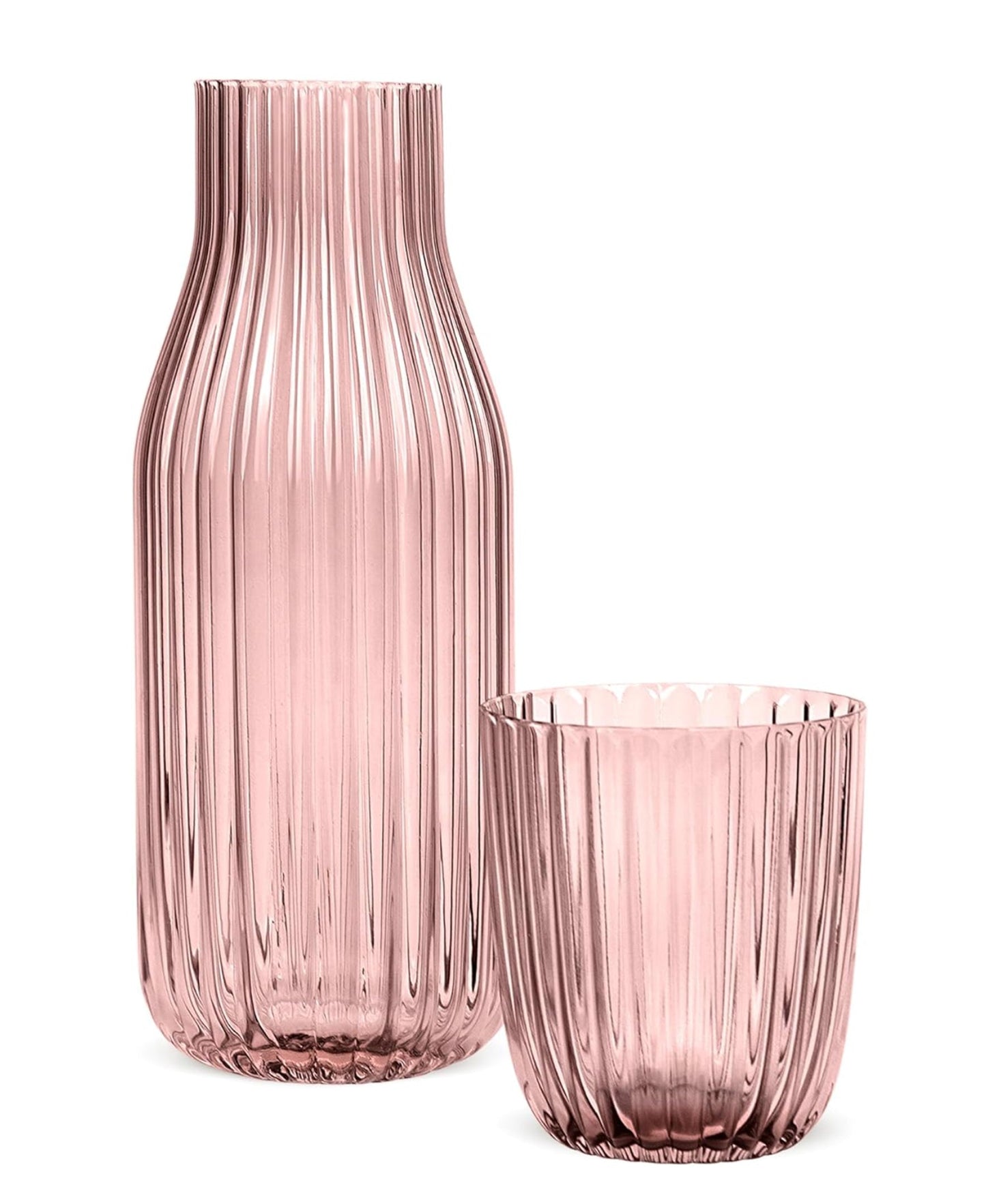 PINK RIBBED GLASS CARAFE SET: CARAFE 3.74"D X 9.45"H 1150 ML/38.89 OZ, CUP 3.54"D X 3.94"H 400 ML/13.53 OZ RB
