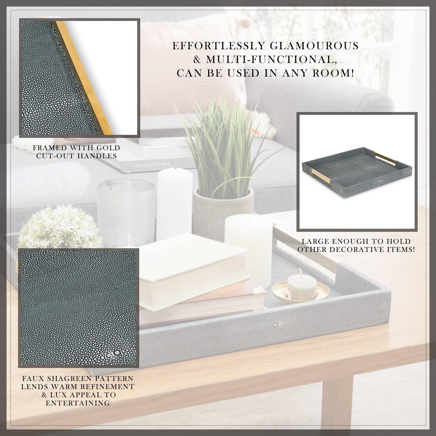 Elegant White and Green Square Tray with Gold Handles