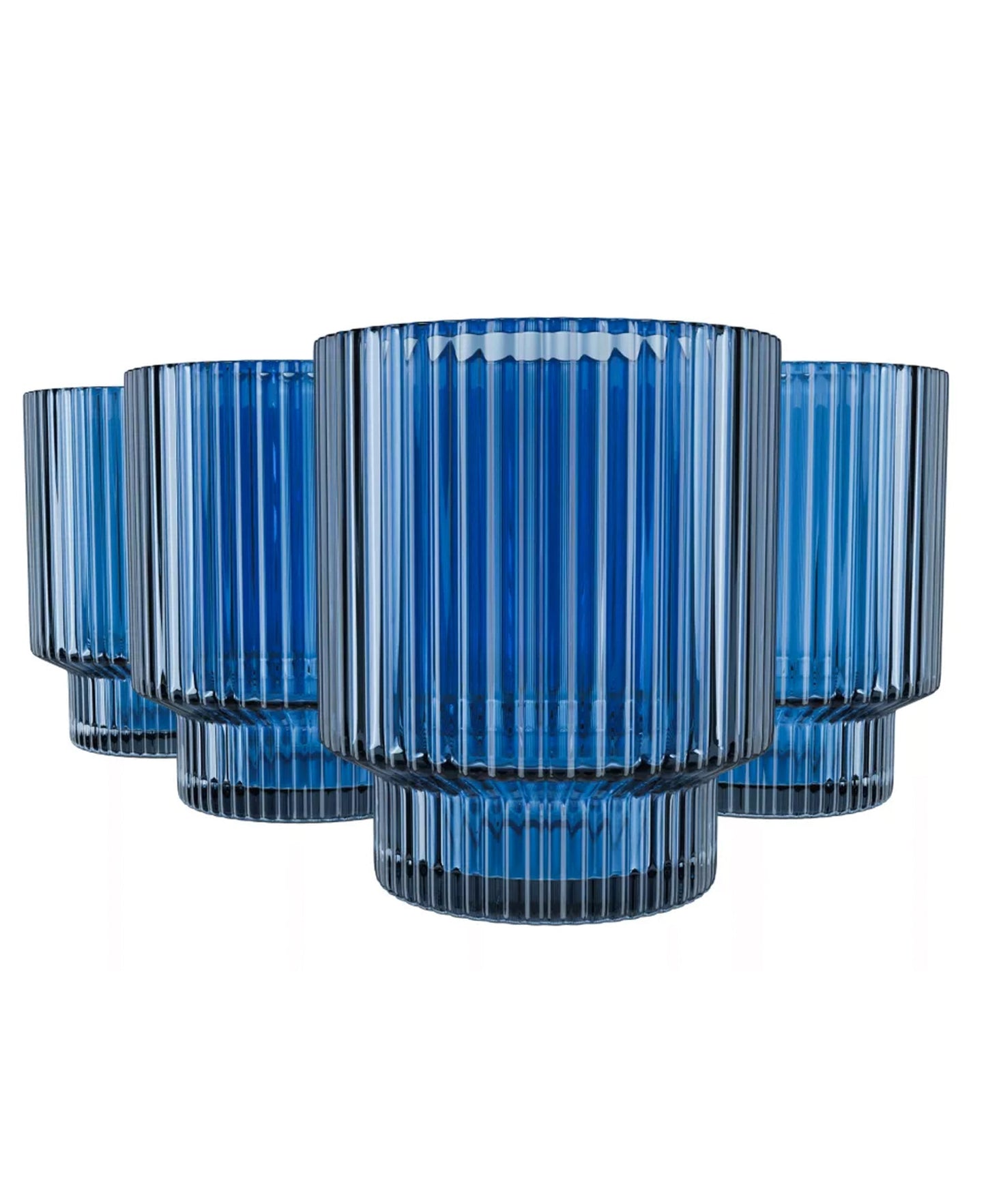 RIBBED BLUE SET OF 4 OLD FASHION GLASSES 9 OZ, BB 3.15' X 3.74"