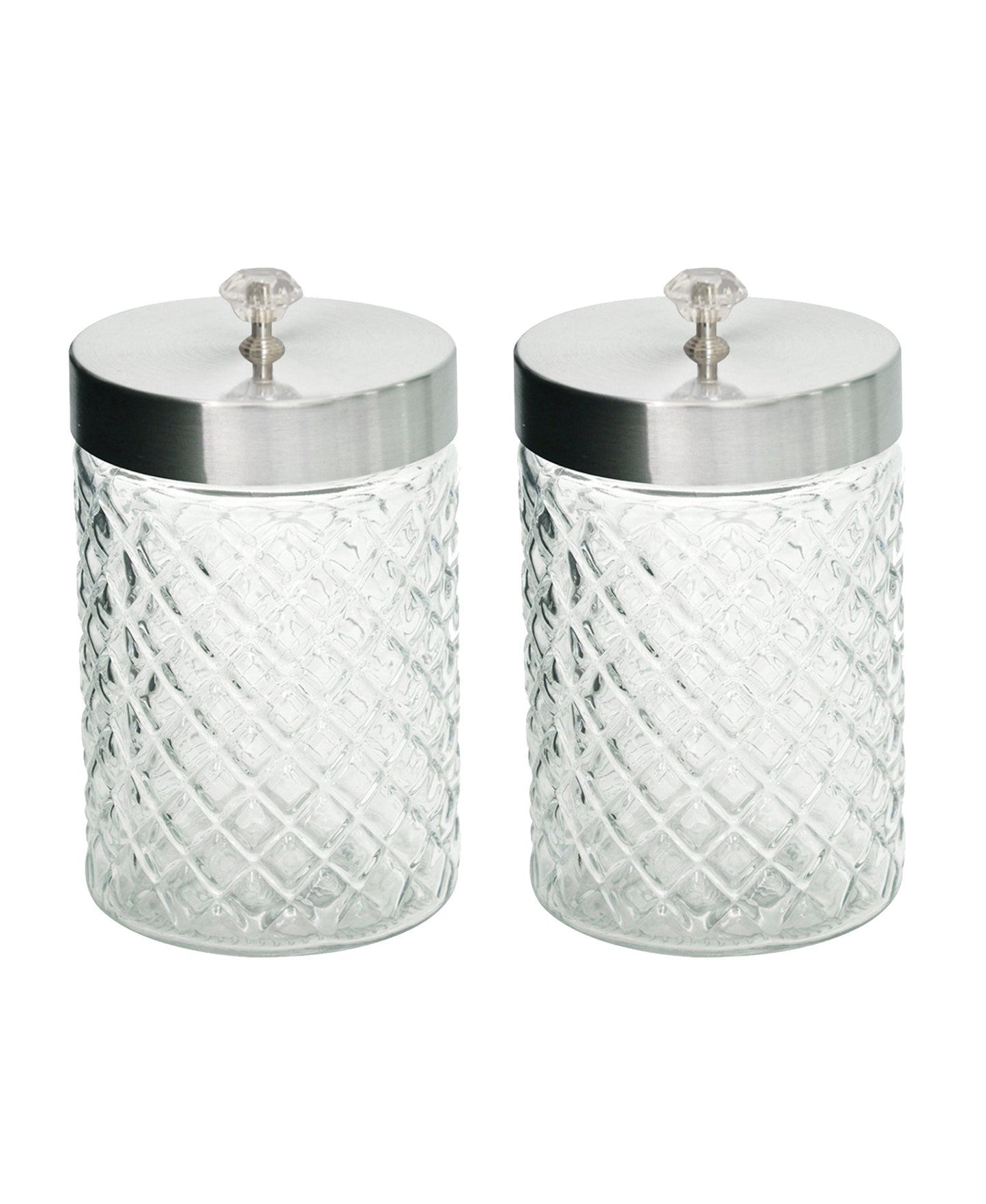 TREASURE DIAMOND TEXTURED GLASS CANISTERS SET OF 2 MED W/DIAMOND KNOB & CHROME LID 44oz / 4.41x4.41x7.95"