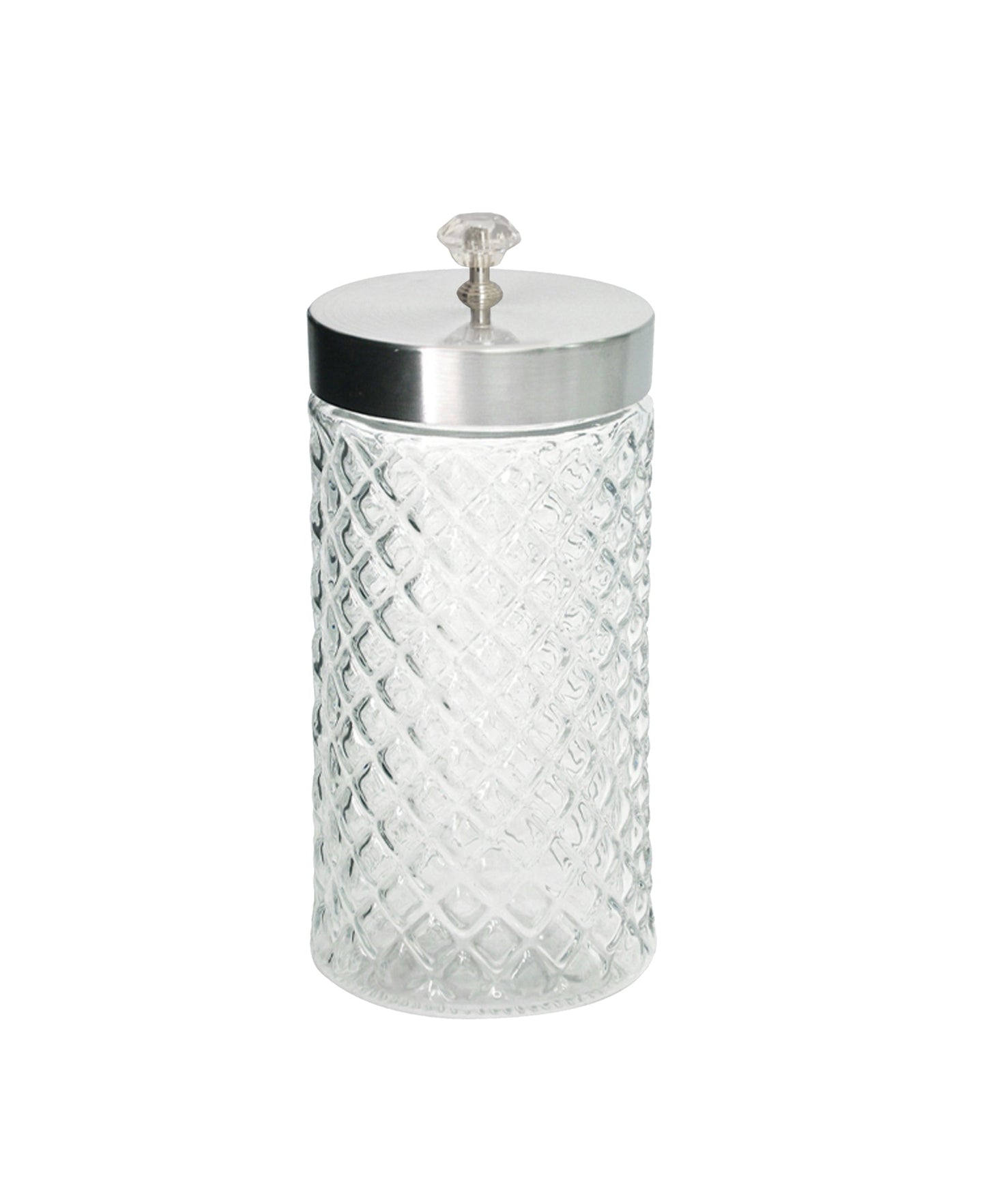 TREASURE DIAMOND TEXTURED GLASS CANISTERS SET OF 2 LRG W/DIAMOND KNOB & CHROME LID 60oz 4.41x4.41x10.16"D 60oz / 4.41x4.41x10.16"