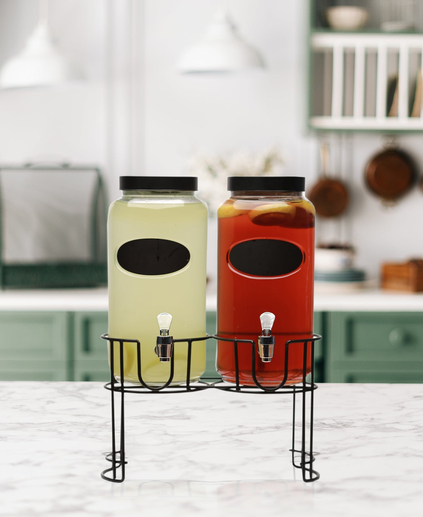 DUMONT SET OF 2 DISPENSERS W/CHALKBOARD, CHALK, BLACK LID & BLACK METAL STAND 118oz each, in remailer