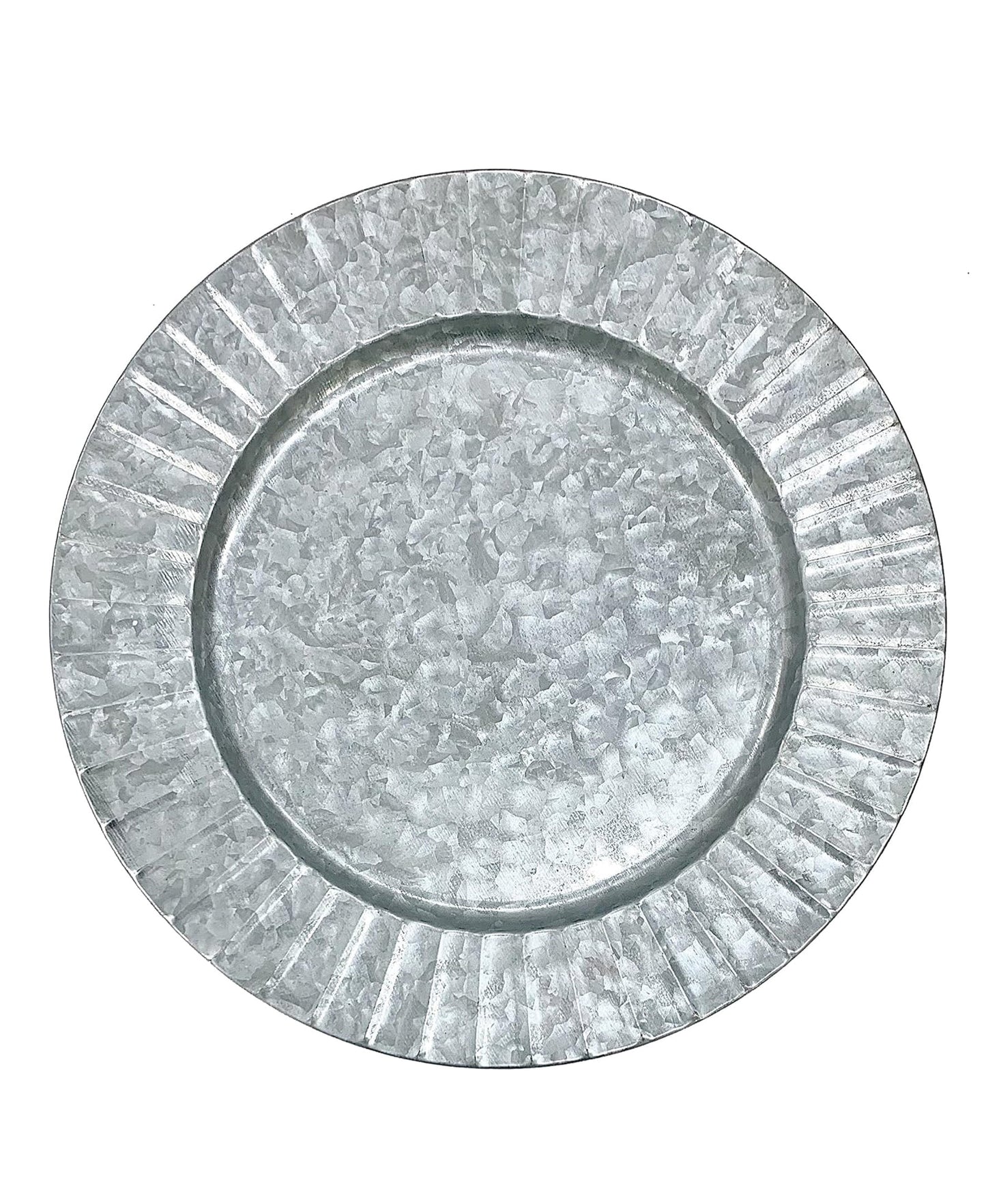 GALVANIZED CHARGER PLATES SET/4, ribbed 13"D x.79 in brown box