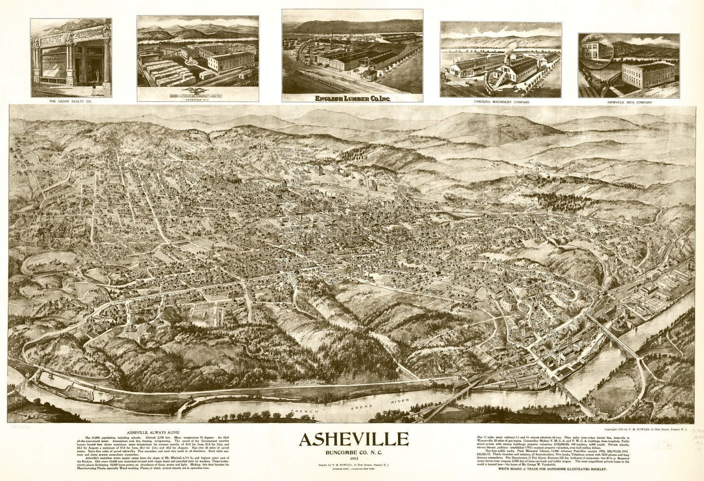 Vintage Map of Asheville, North Carolina 1912