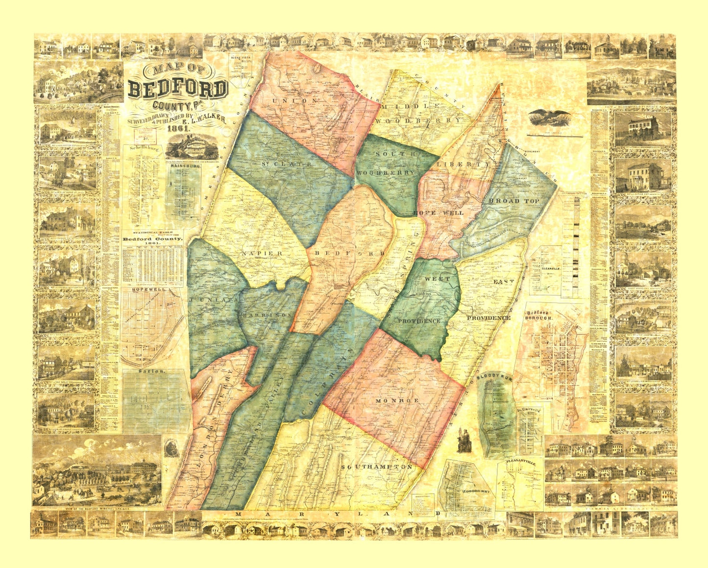 Vintage Map of Bedford County, Pennsylvania 1861