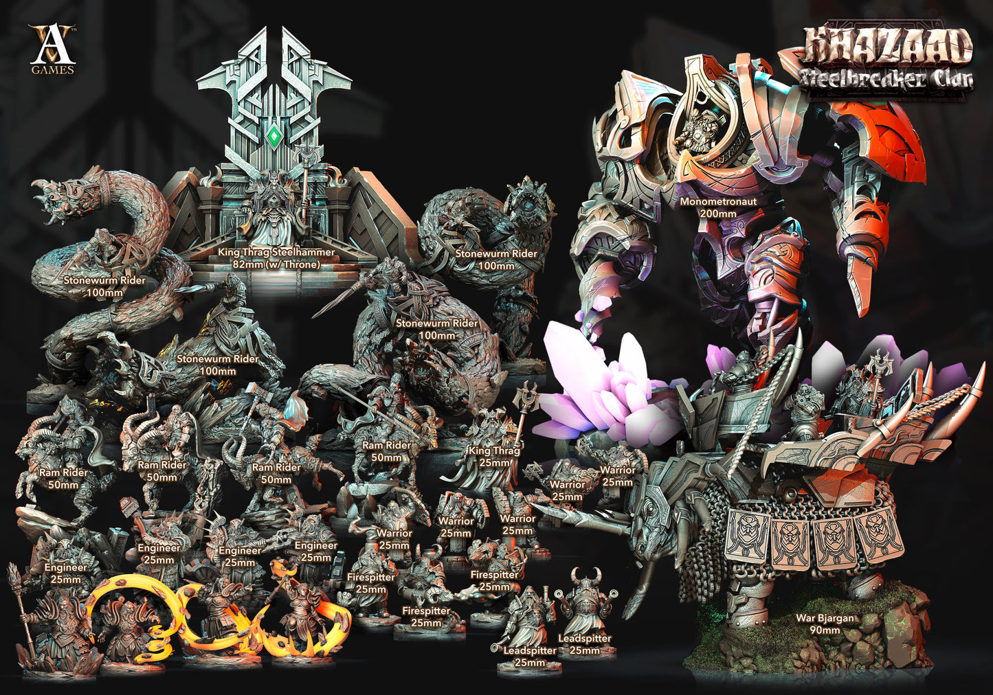 3D Printed Archvillain Games Khazaad Steelbreaker Clan - Stone Worm with Rider 28mm 32mm D&D
