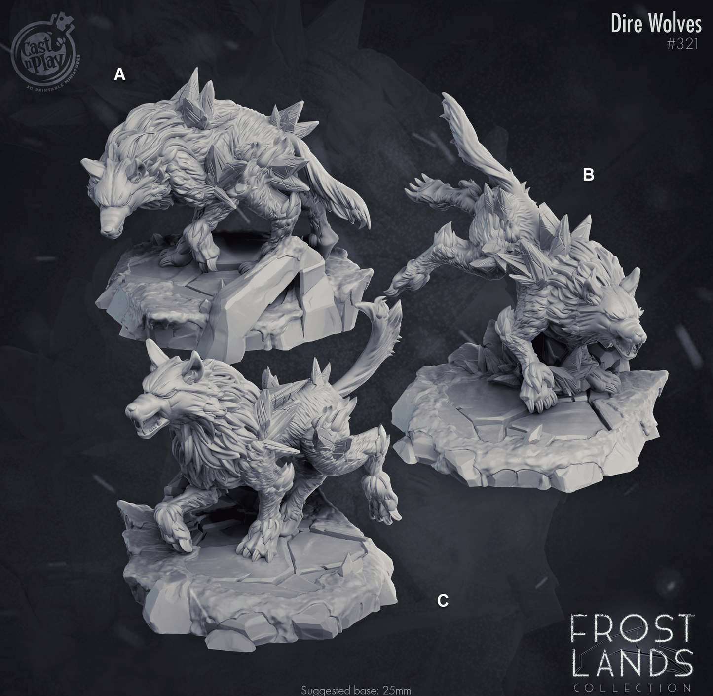 3D Printed Cast n Play Dire Wolves Frost Lands 28mm 32mm D&D