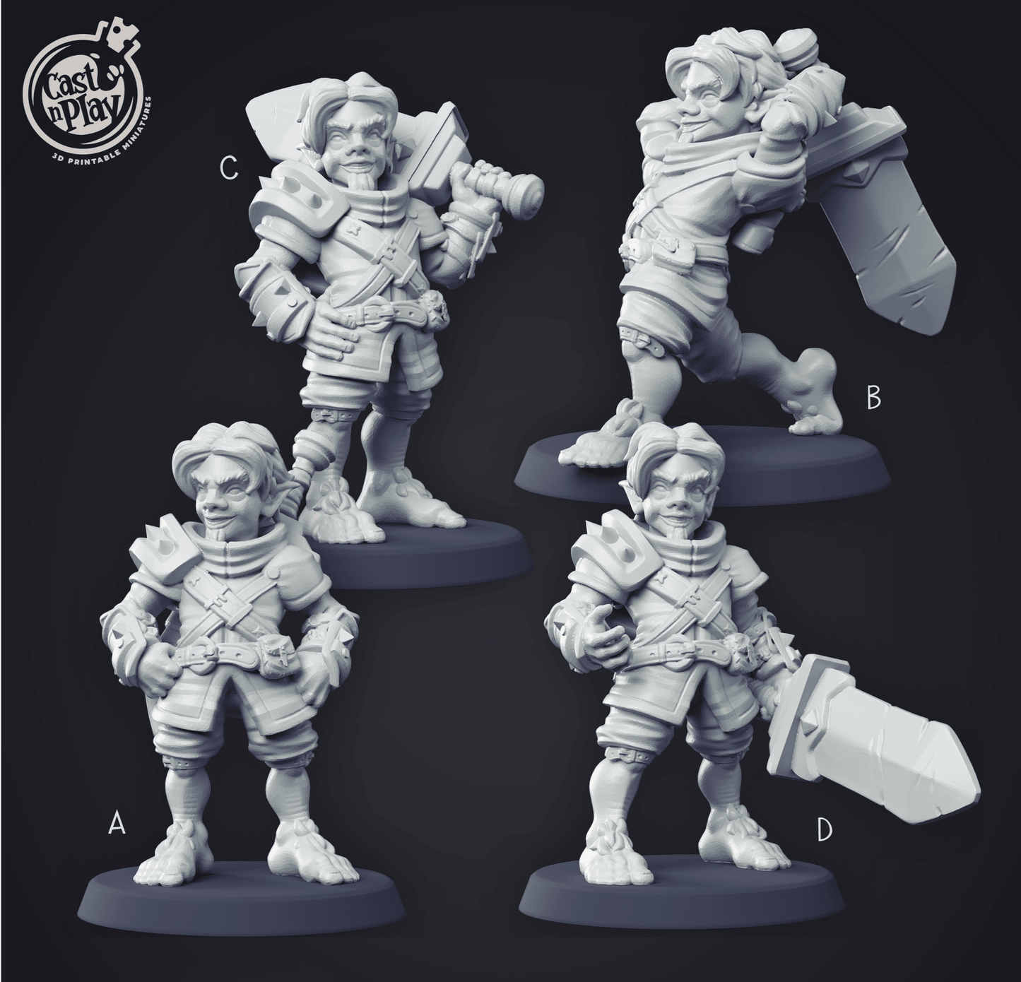 3D Printed Cast n Play - Halfling Fighter Set 28mm 32mm D&D