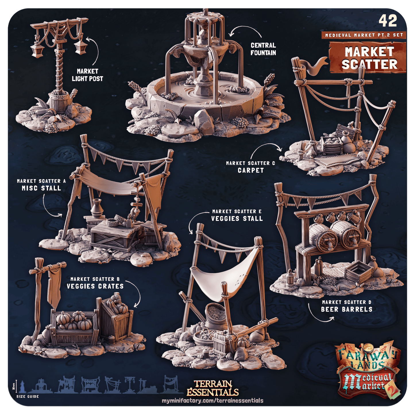 3D Printed Cast n Play Medieval Market 2 Terrain Set 28mm 32mm D&D