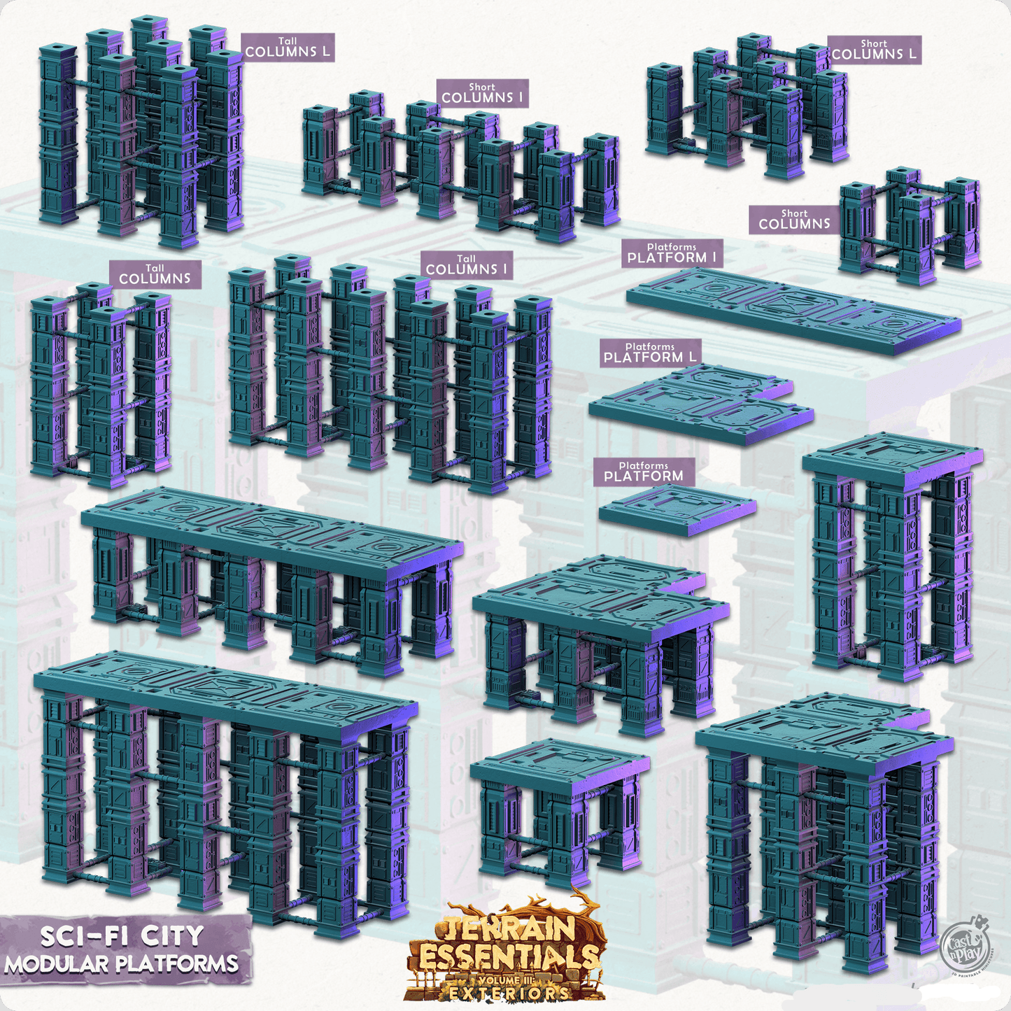 3D Printed Cast n Play Modular Platforms Sci-Fi City Set Terrain Essentials Vol III Exteriors 28mm 32mm D&D
