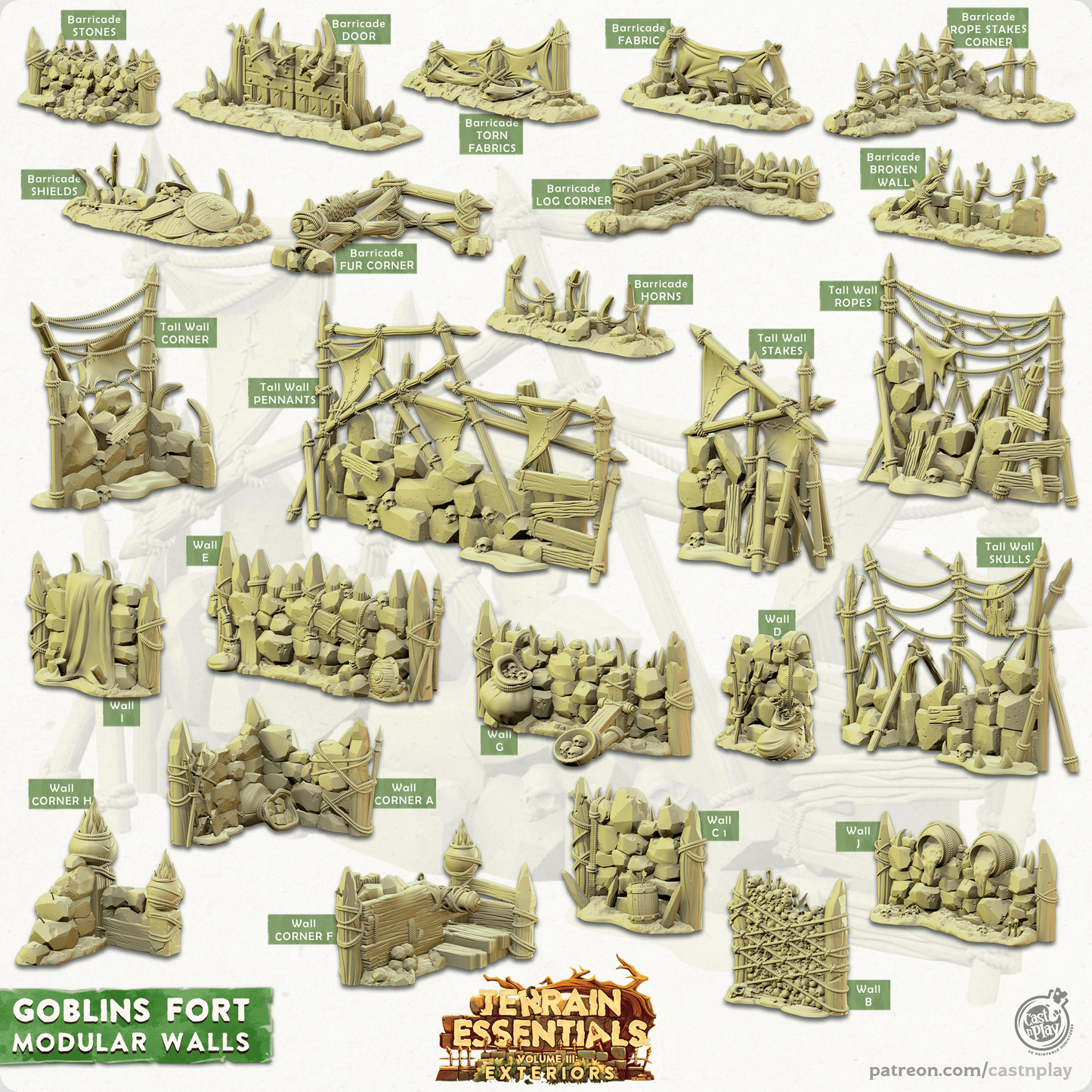 3D Printed Cast n Play Modular Walls Goblins Fort Set 28mm 32mm D&D