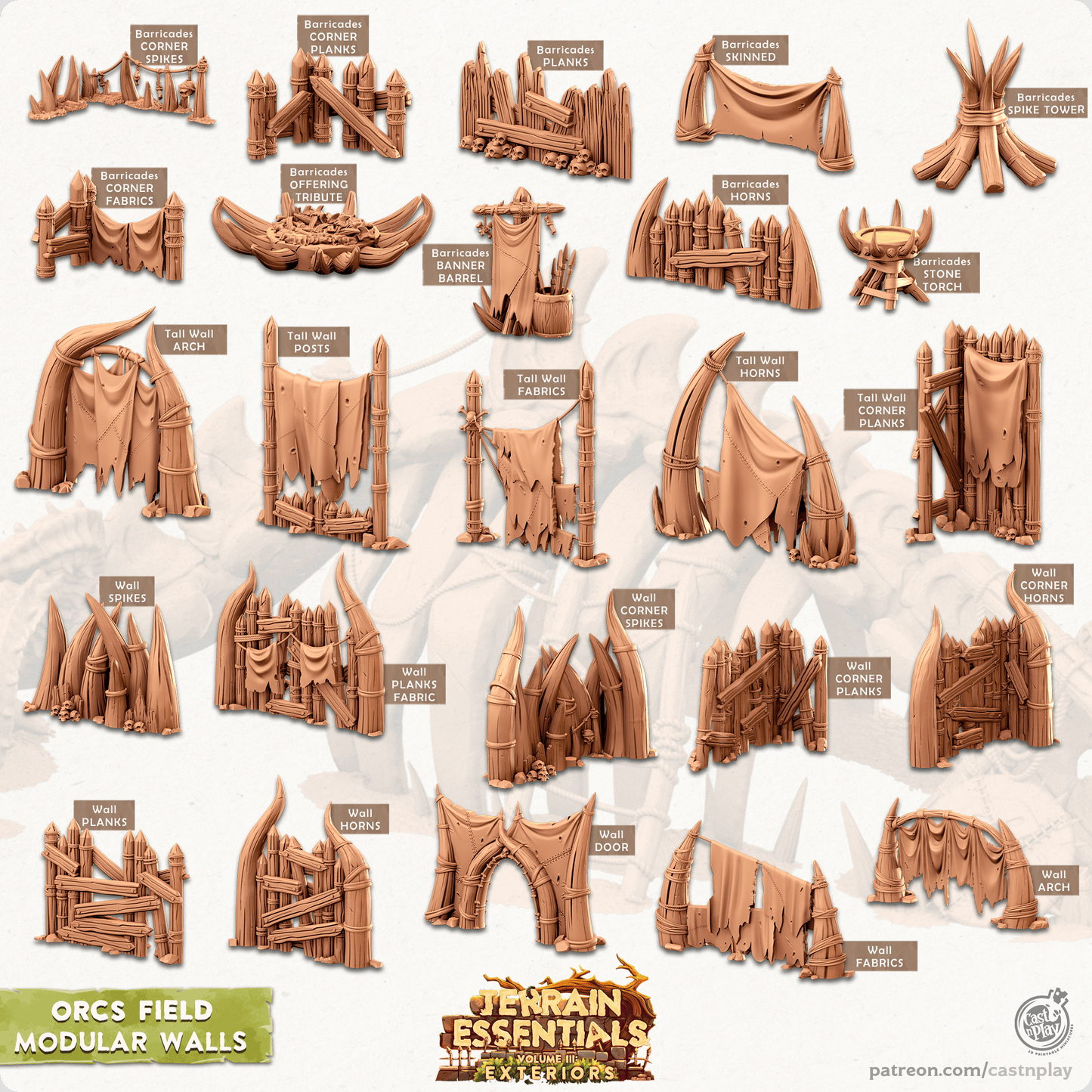 3D Printed Cast n Play Orcs Field Set Modular Walls 28mm 32mm D&D