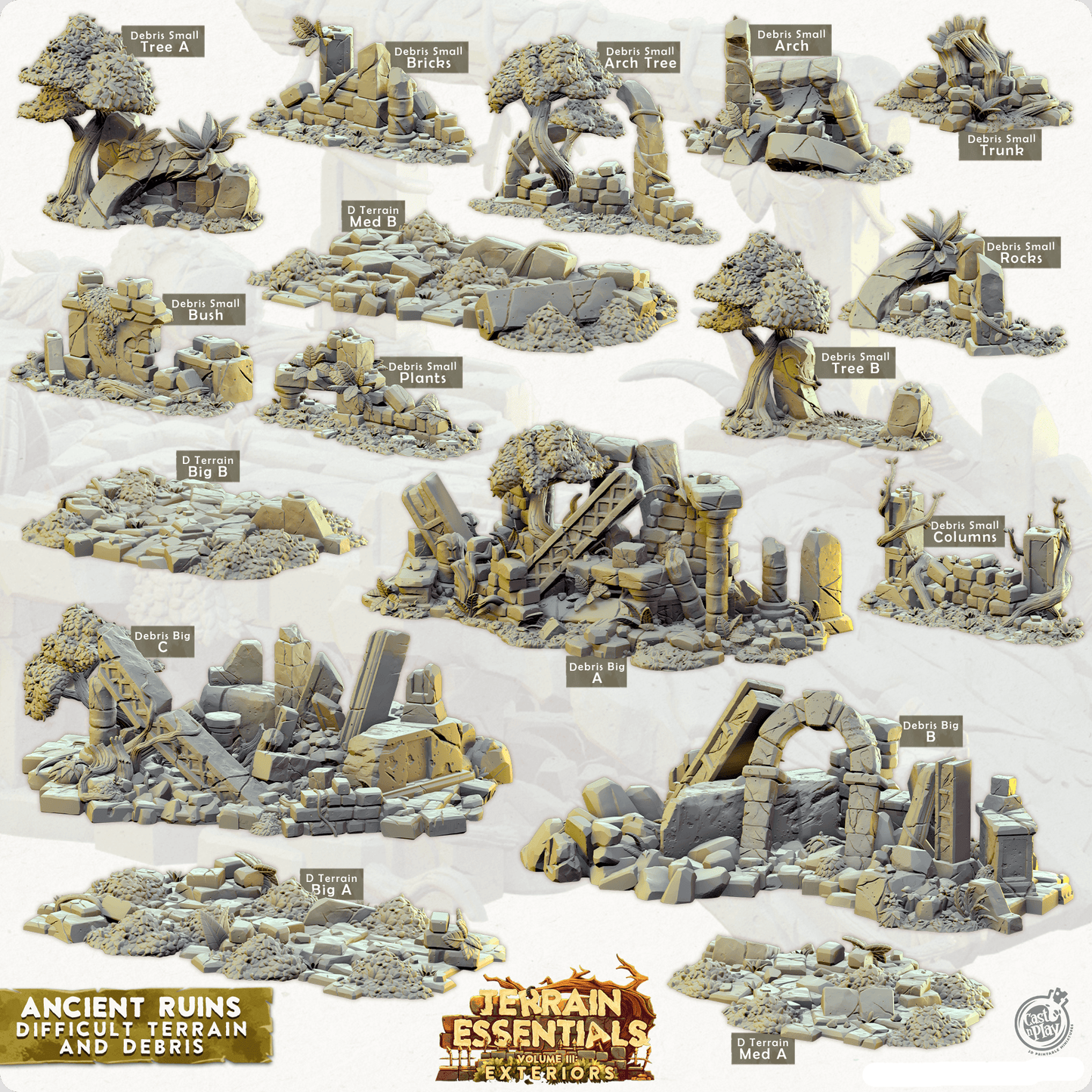 3D Printed Cast n Play Terrain Essentials Exteriors - Ancient Ruins Debris and Difficult Terrain Set 28mm 32mm D&D